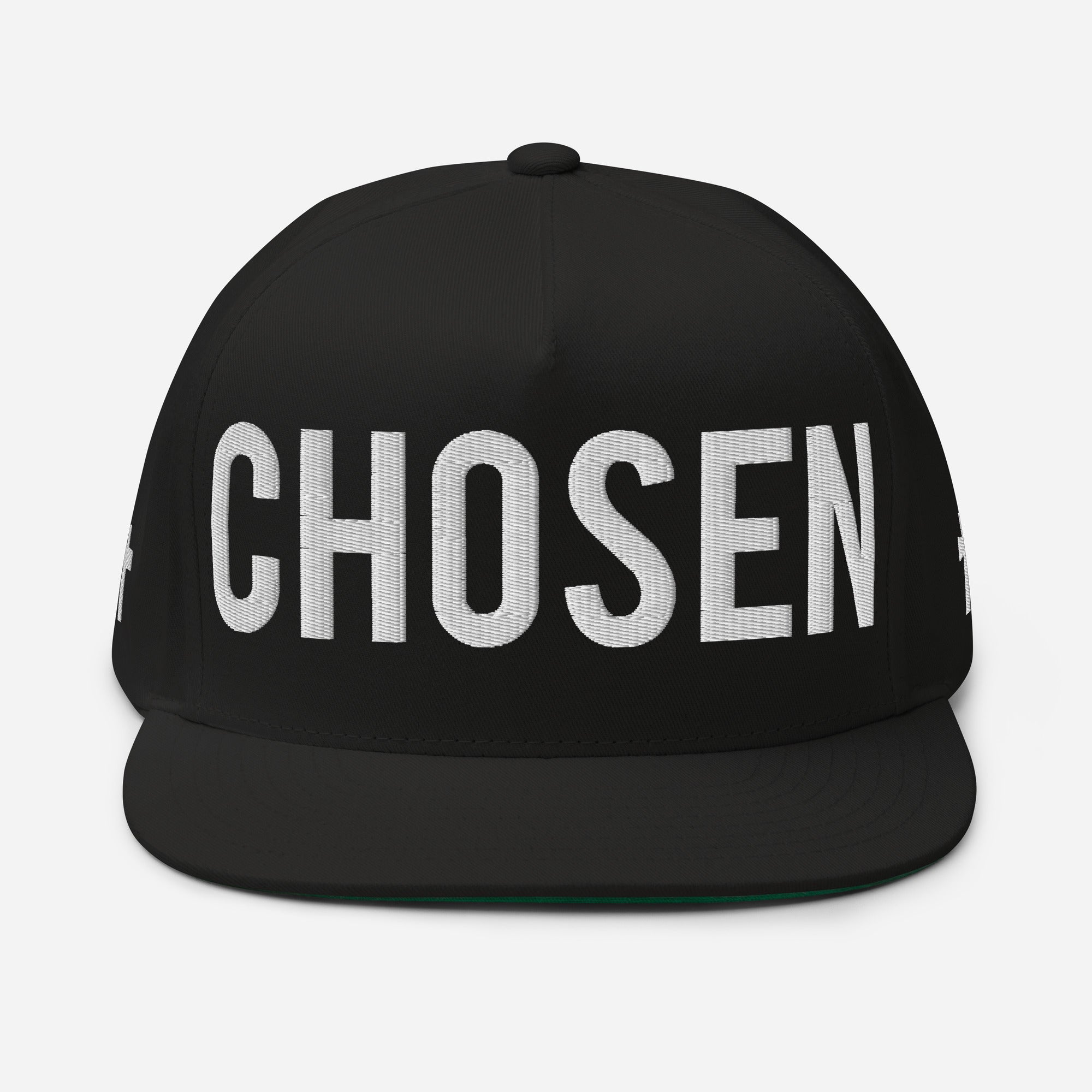 Chosen Flat Bill Cap - Black with Cross R side - Black with 3D Puff Embroidery - Jesus Passion Apparel