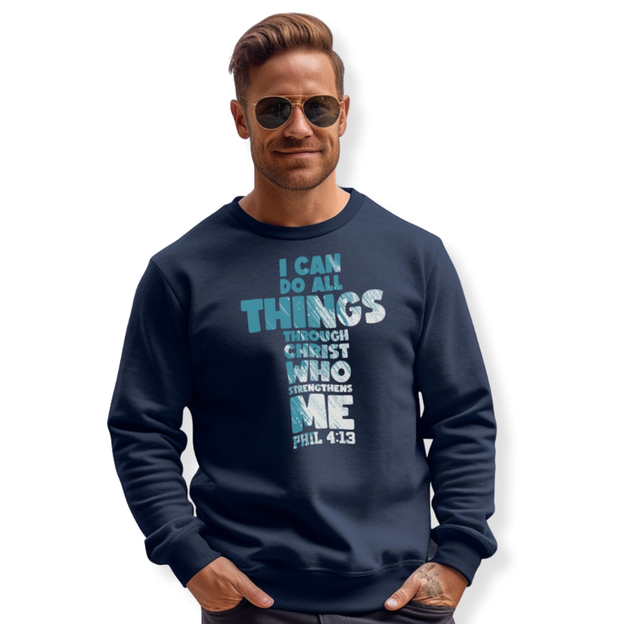 Christ Who Strengthens Me Men's Fleece Unisex - Fit Sweatshirt - Navy - Jesus Passion Apparel