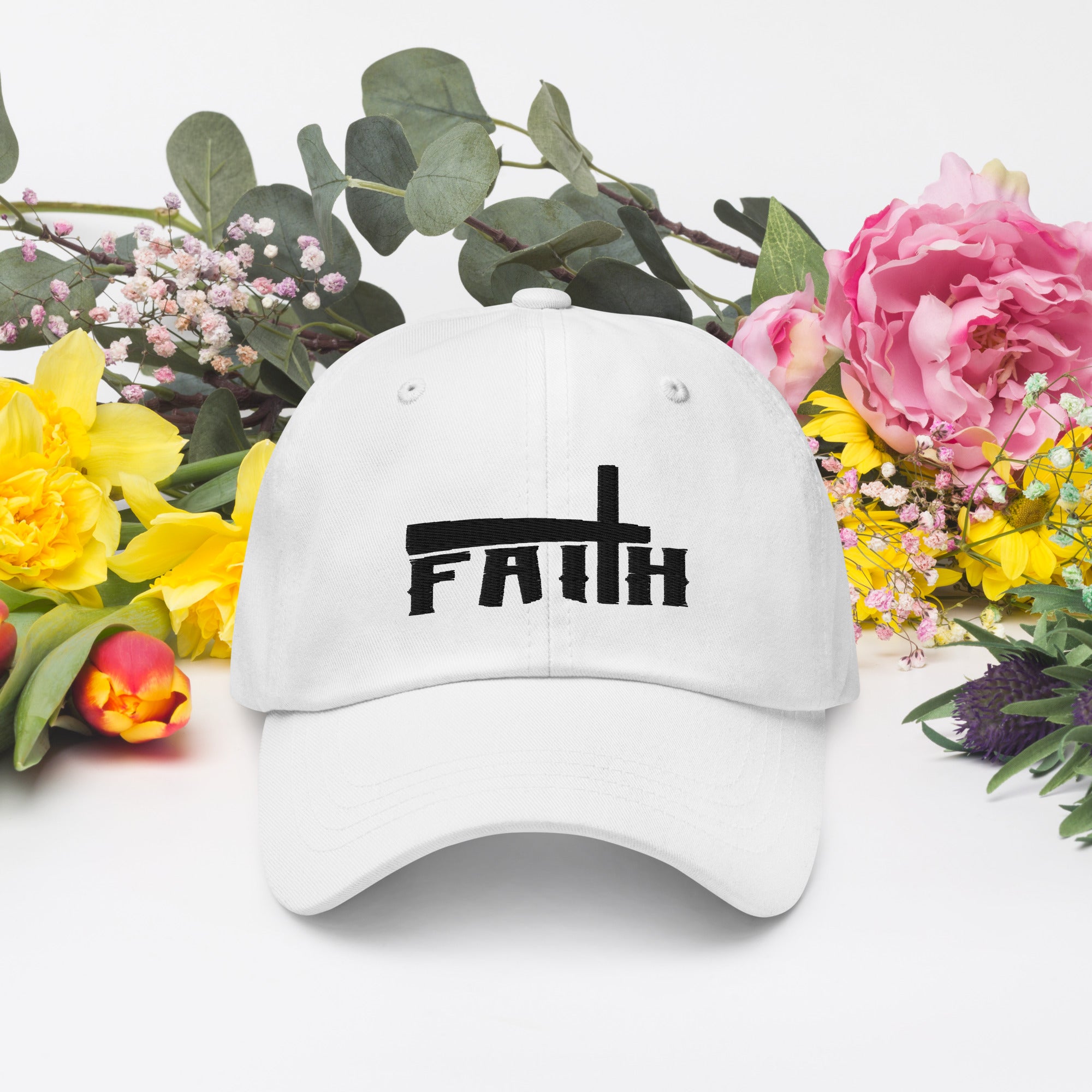 Faith and Cross Classic Dad's Cap - White with Black Embroidery Jesus Passion Apparel