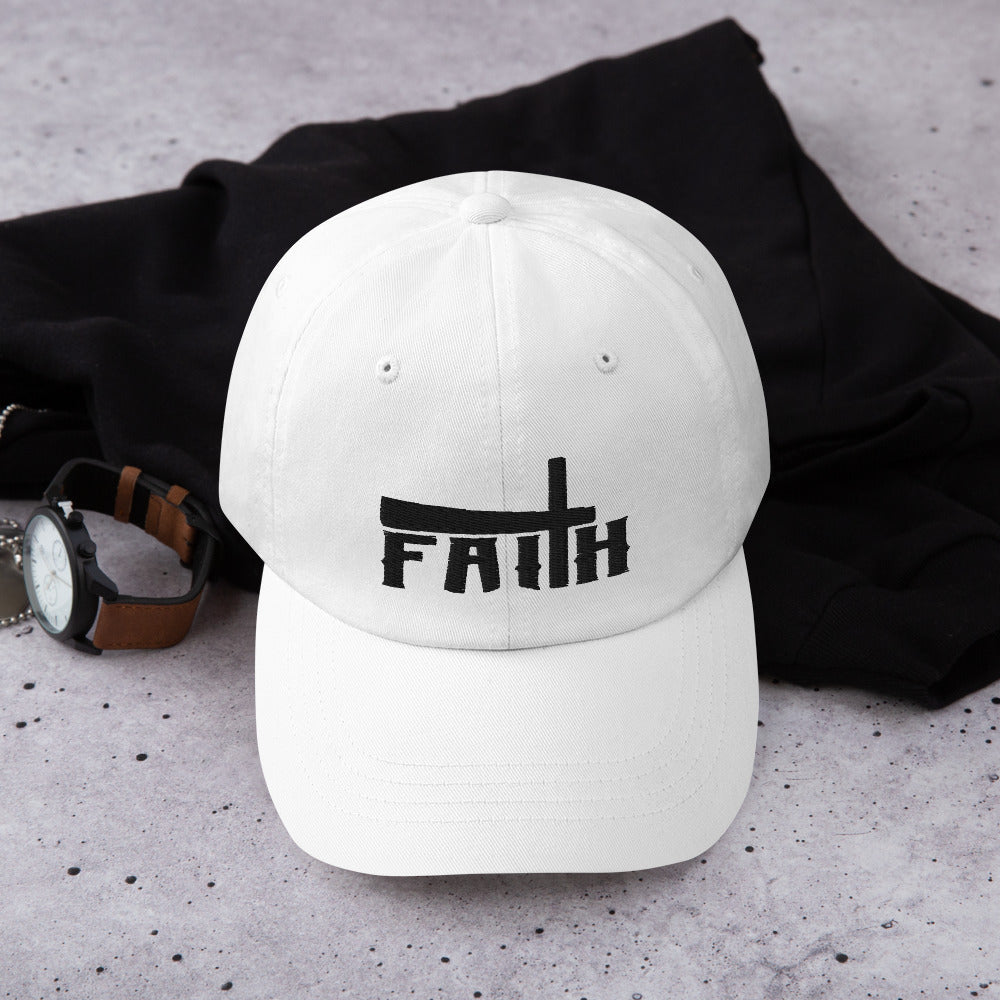 Faith and Cross Classic Dad's Cap - White with Black Embroidery Jesus Passion Apparel