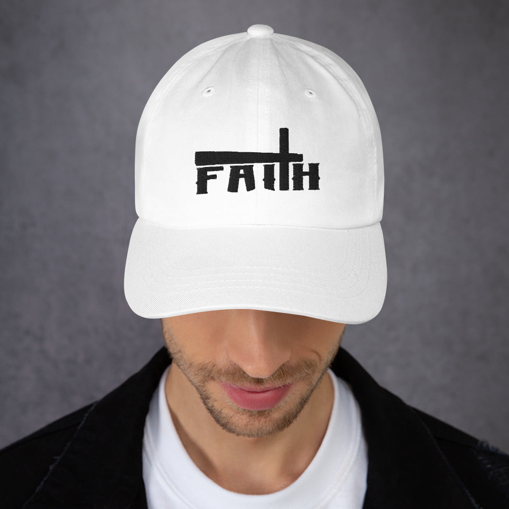 Faith and Cross Classic Dad's Cap - White with Black Embroidery Jesus Passion Apparel