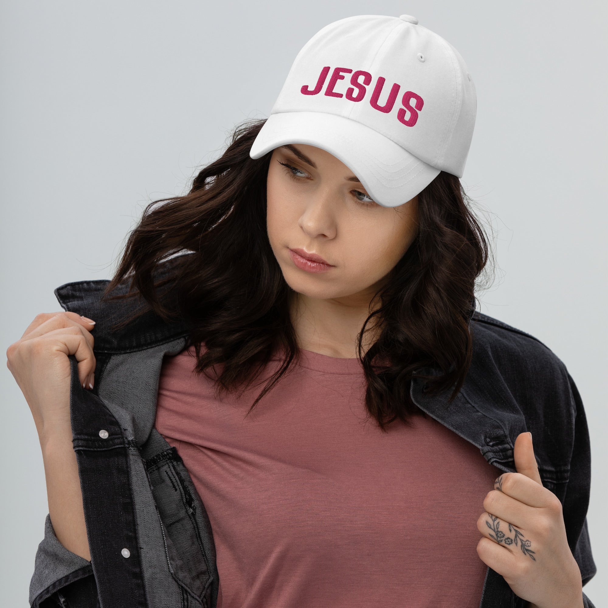 Jesus Classic Dad's Cap - White with Pink Embroidery Jesus Passion Apparel