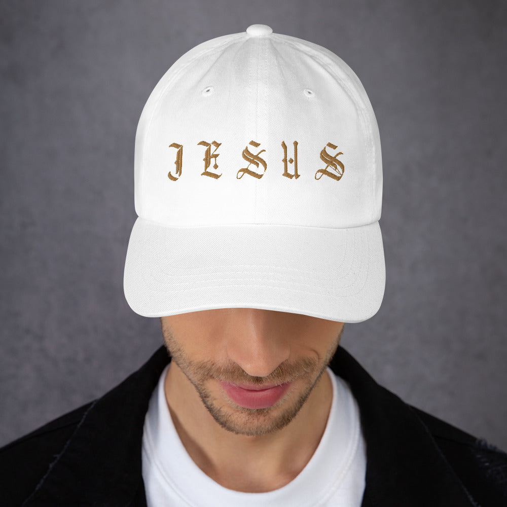 Jesus Tatoo-Inspired Classic Dad's Cap - White with Gold Embroidery Jesus Passion Apparel