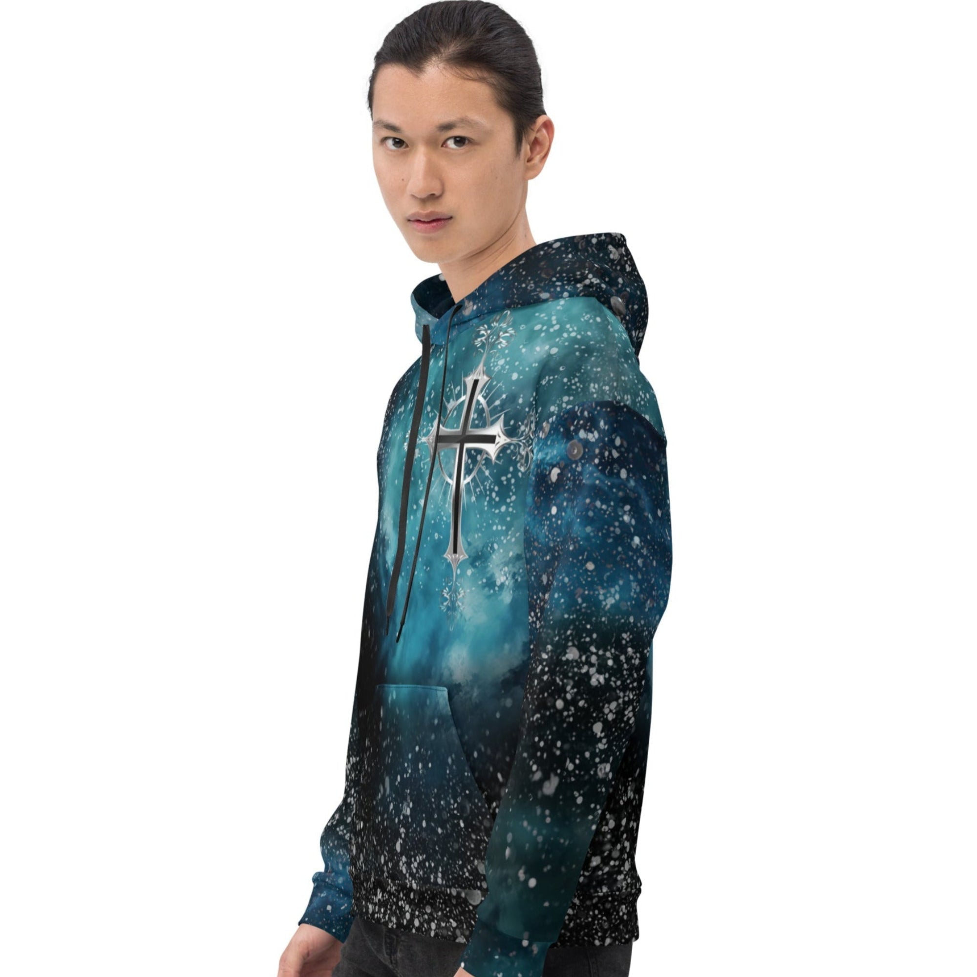 Cosmic Cross Turquois Fleece Unisex Hoodie - Jesus Passion Apparel