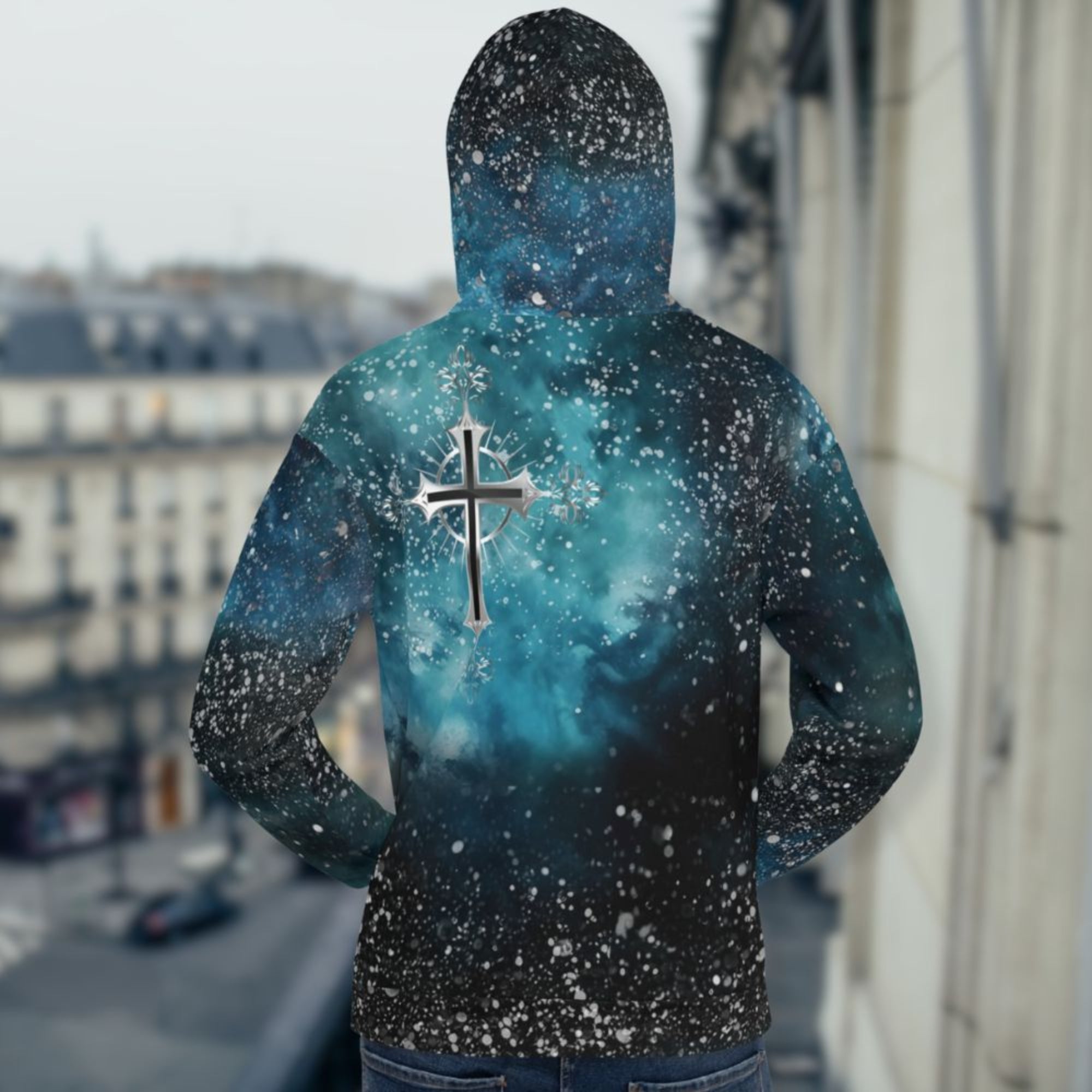 Cosmic Cross Turquois Fleece Unisex Hoodie - Jesus Passion Apparel