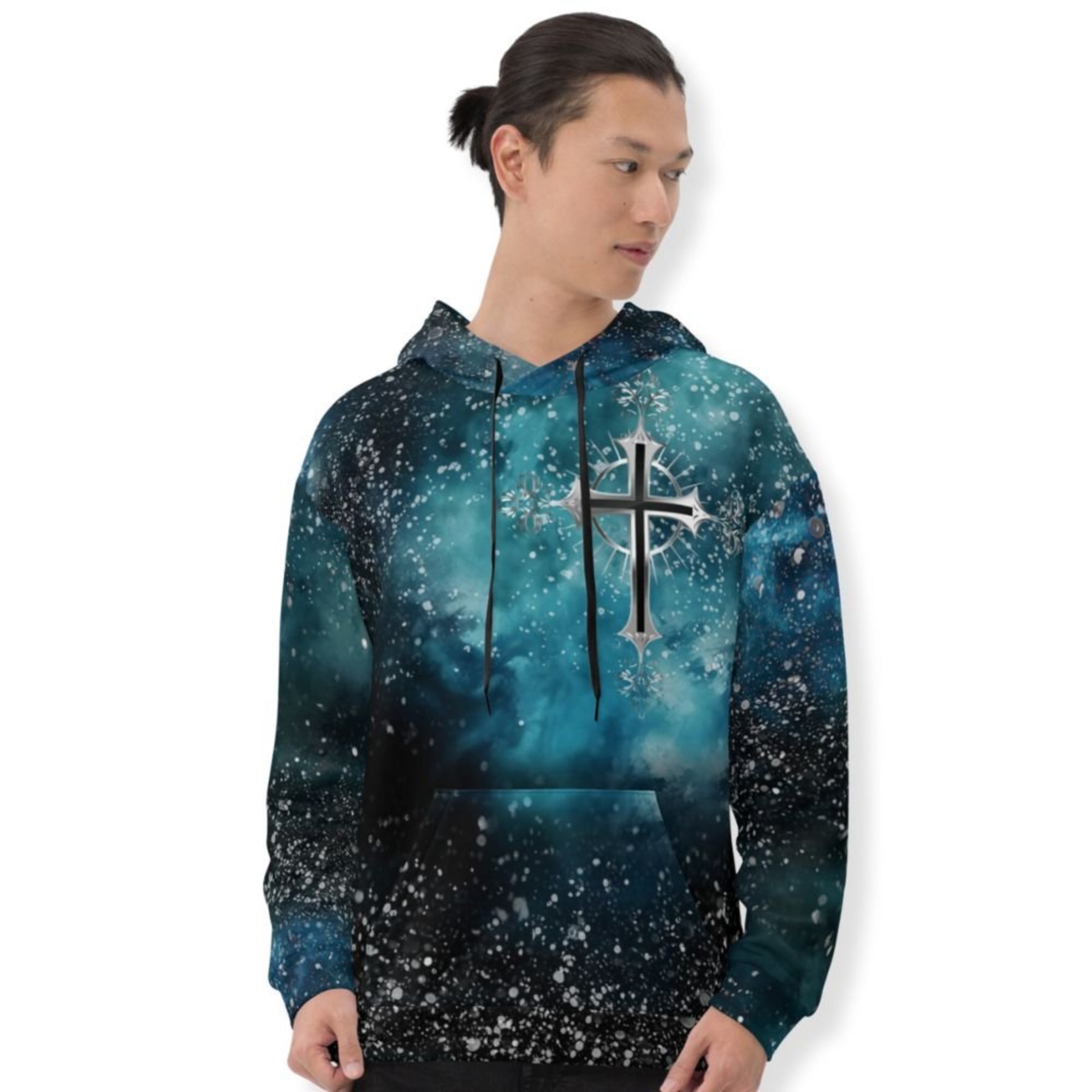 Cosmic Cross Turquois Fleece Unisex Hoodie - Jesus Passion Apparel