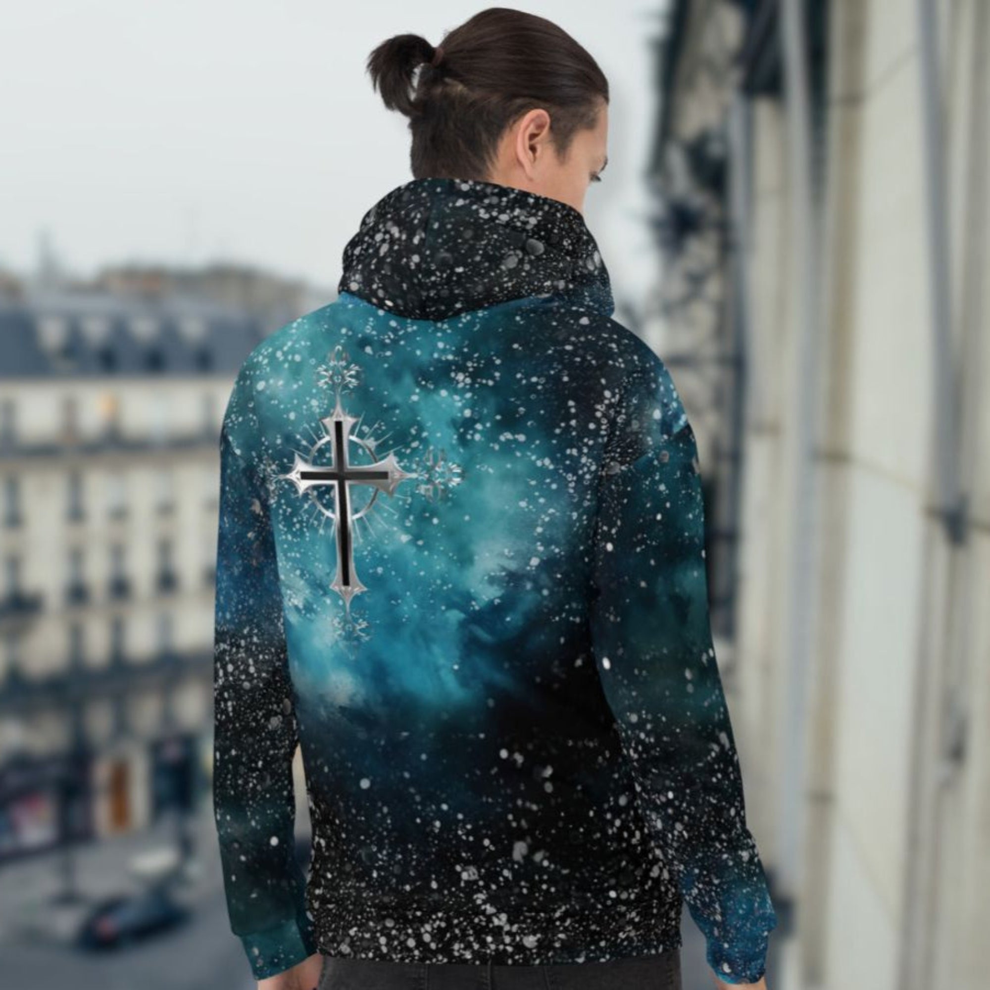 Cosmic Cross Turquois Fleece Unisex Hoodie - Jesus Passion Apparel