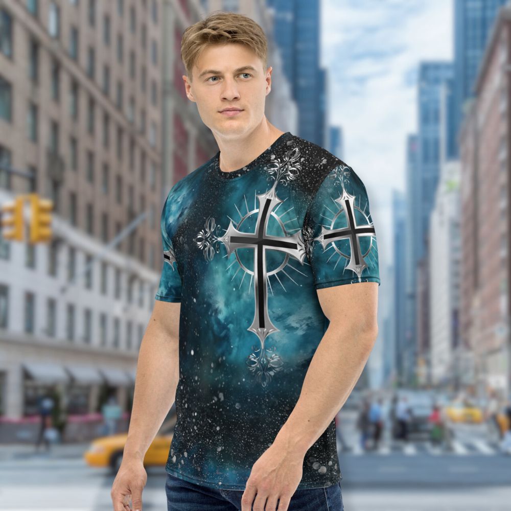 Cosmic Cross Turquois Men's Handmade Crewneck T-shirt - Jesus Passion Apparel