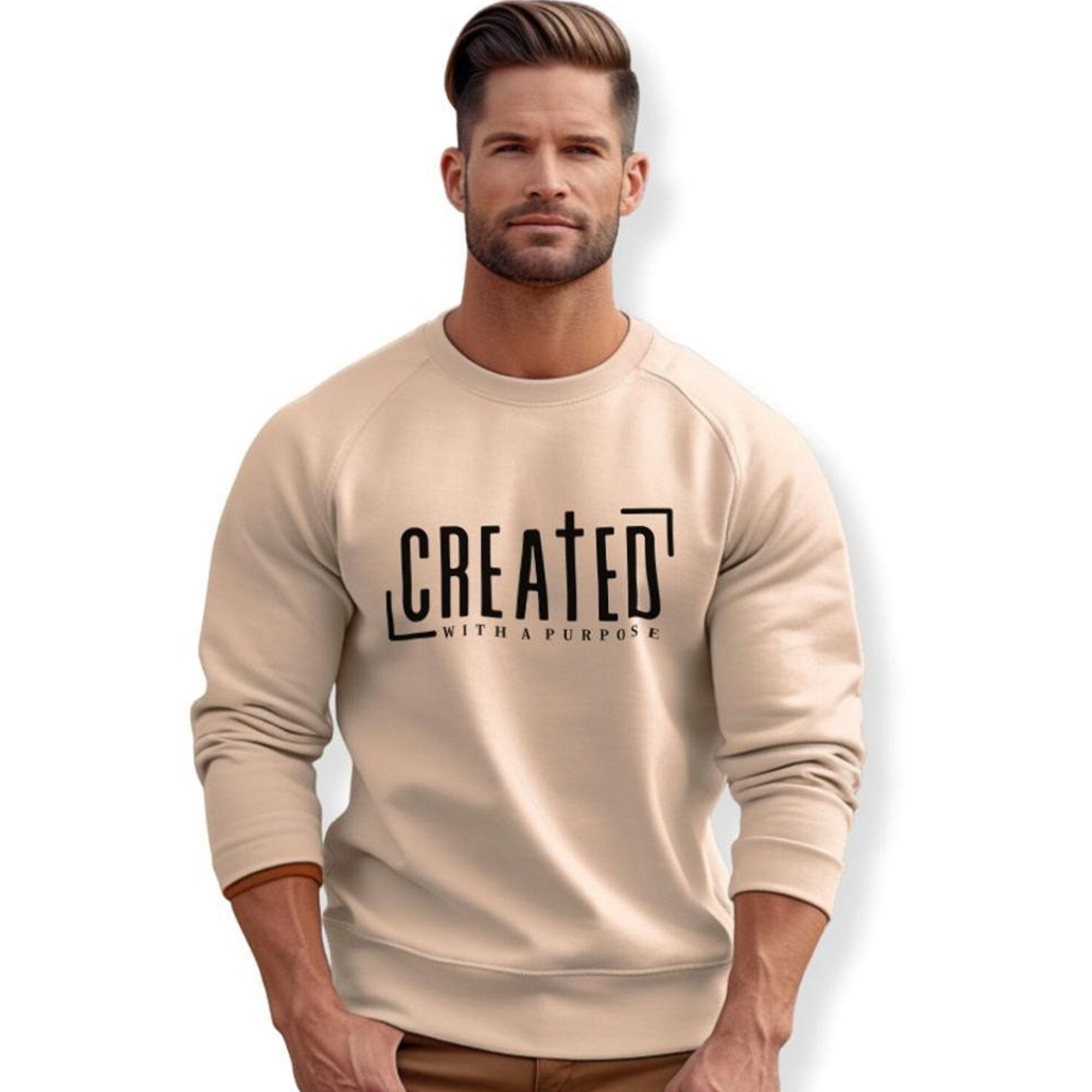 Created with a Purpose Adult Crewneck Sweatshirt - Sand - Jesus Passion Apparel