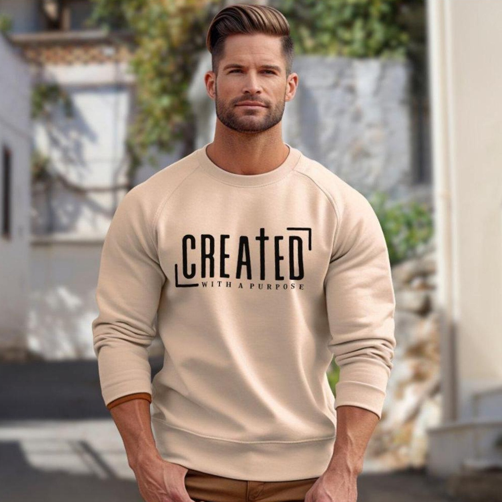 Created with a Purpose Adult Crewneck Sweatshirt - Sand - Jesus Passion Apparel