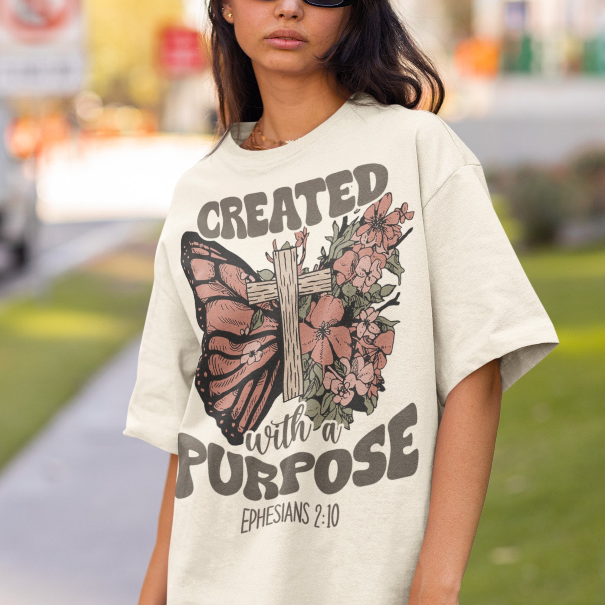 Created with a Purpose Butterfly Cross Comfy Heavyweight Short Sleeve Tee - Jesus Passion Apparel