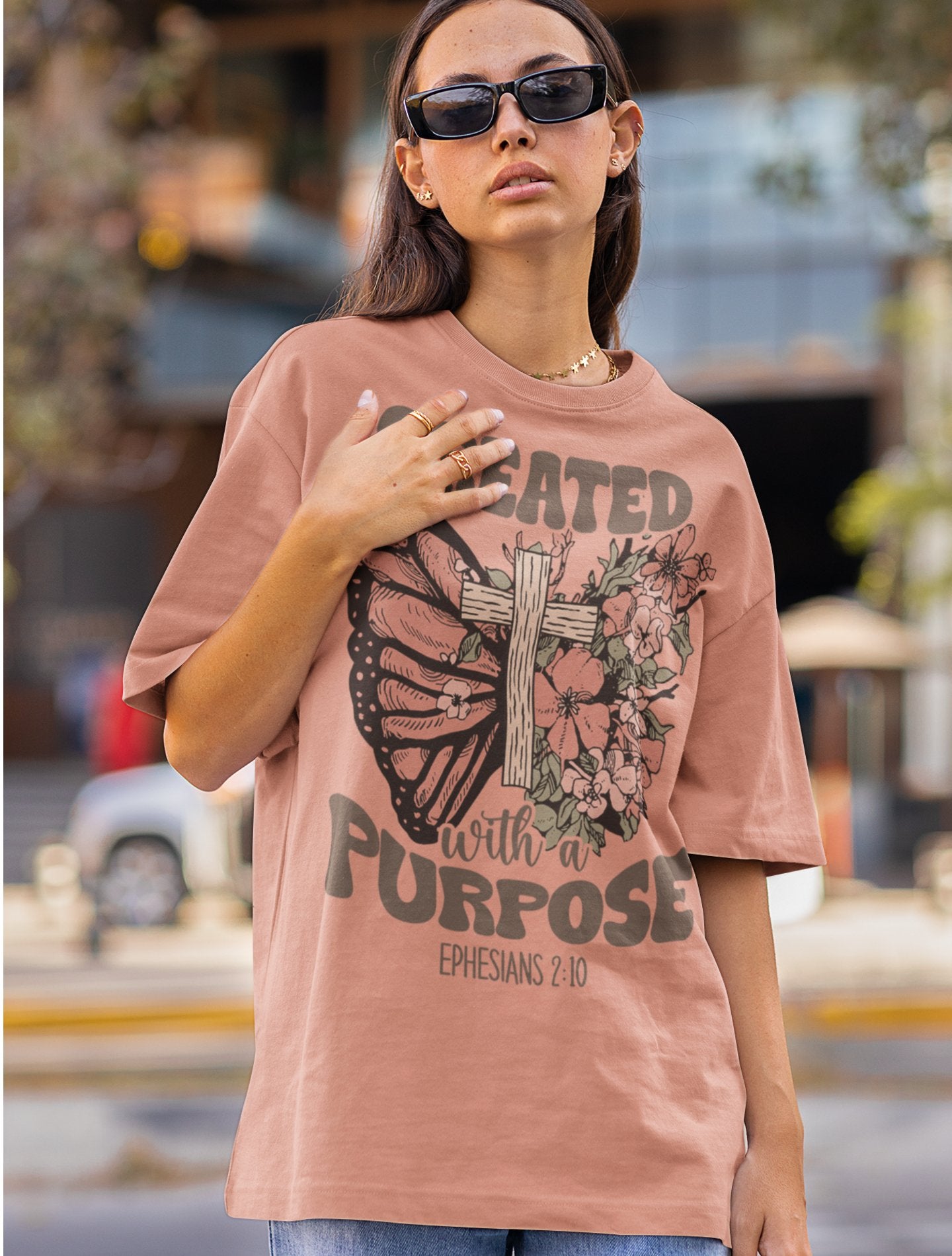 Created with a Purpose Butterfly Cross Comfy Heavyweight Short Sleeve Tee - Jesus Passion Apparel