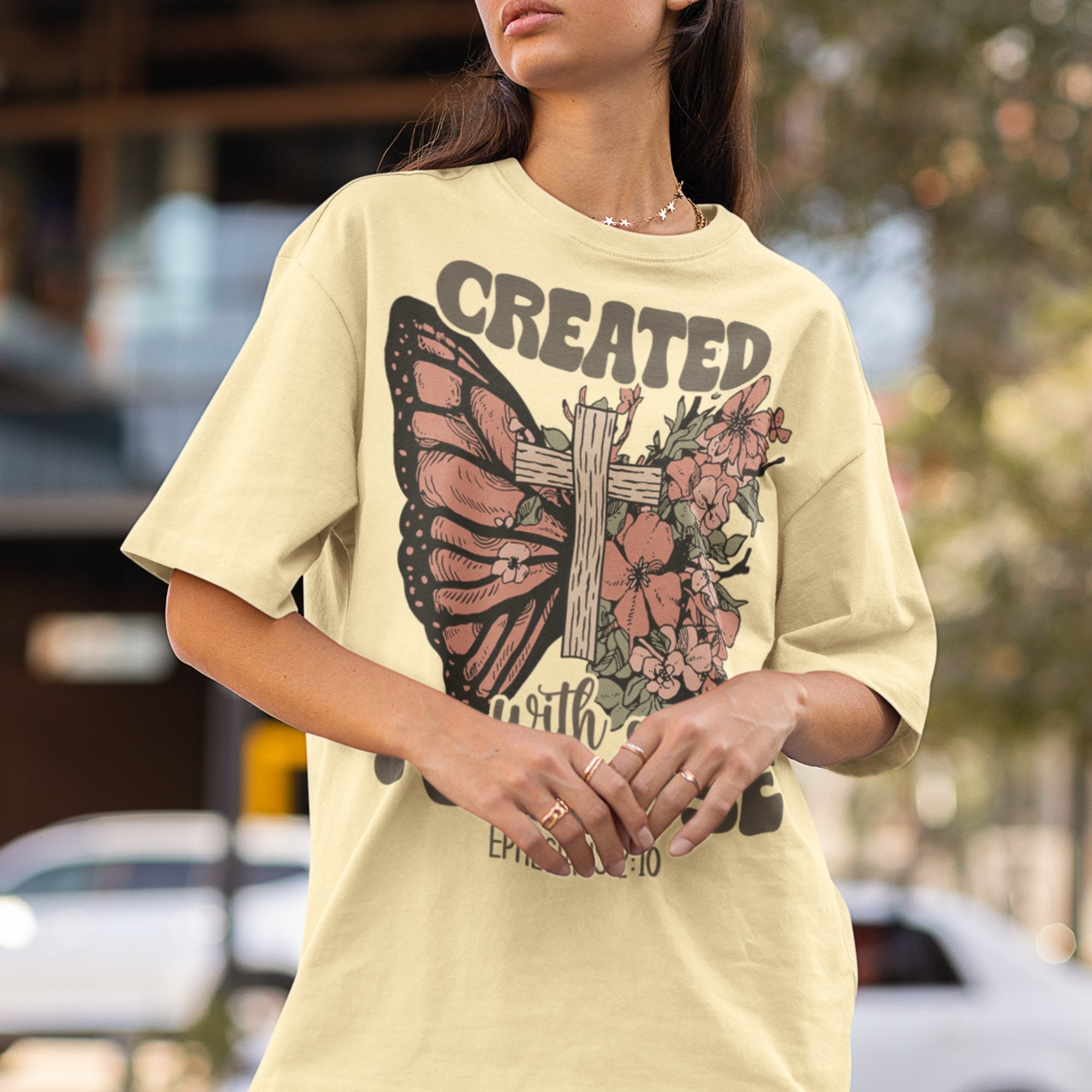 Created with a Purpose Butterfly Cross Comfy Heavyweight Short Sleeve Tee - Jesus Passion Apparel