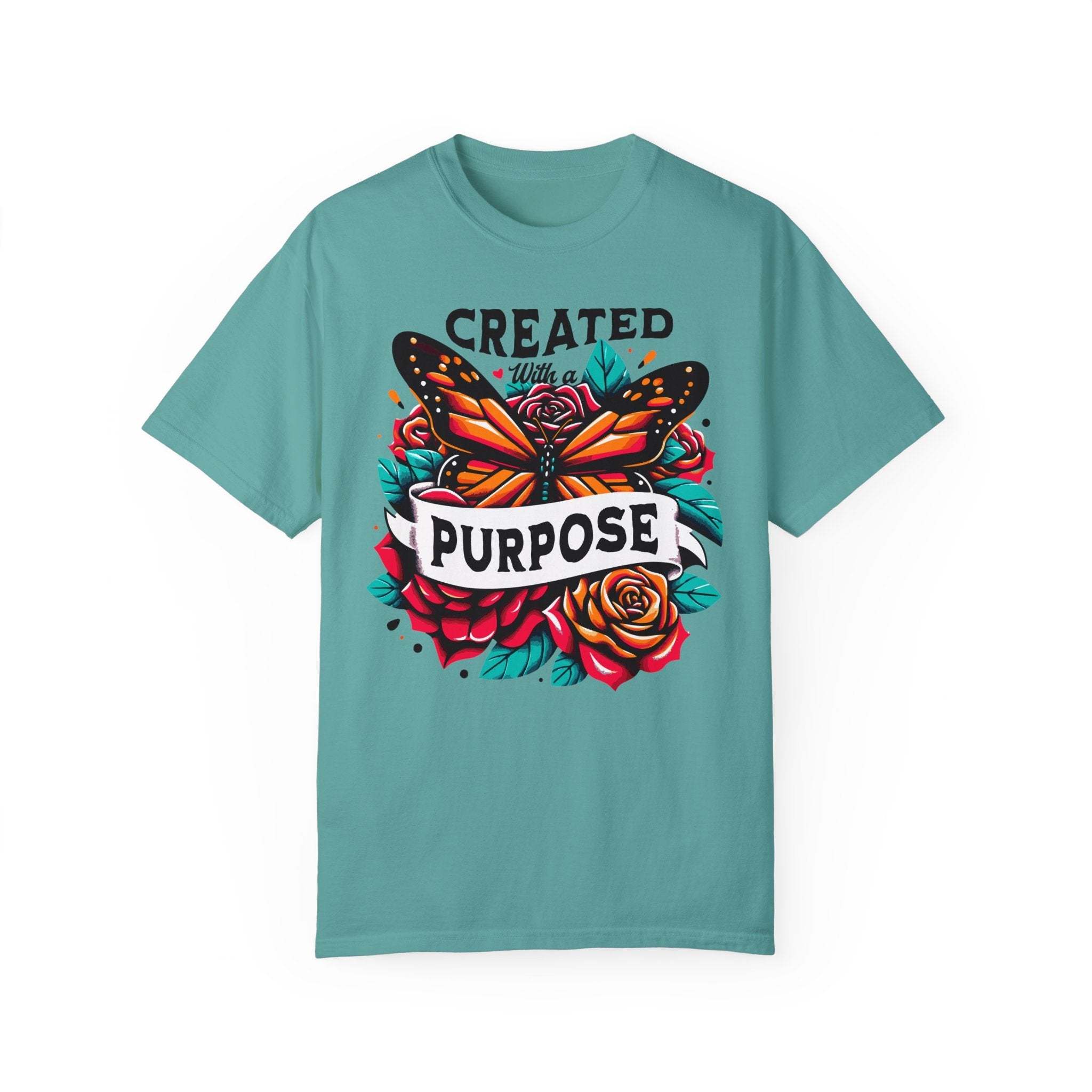 Created with a Purpose Butterfly Roses Comfy Heavyweight Short Sleeve Tee - Jesus Passion Apparel