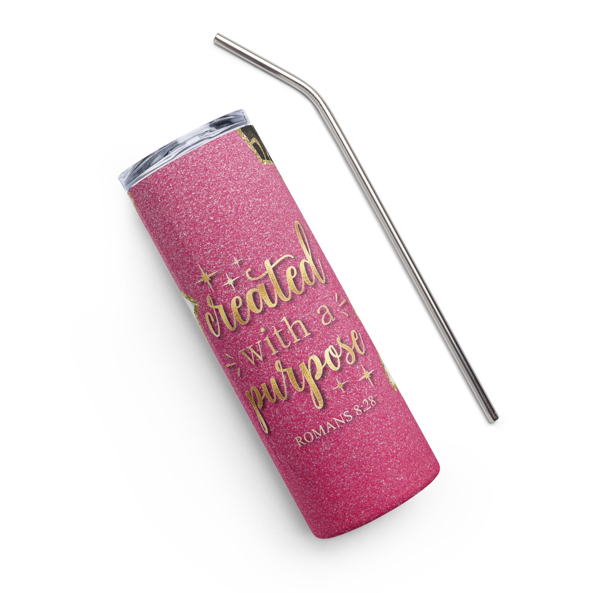 Created with a Purpose Pink Gold Glitter 20 oz - Stainless Steel Straw - Jesus Passion Apparel