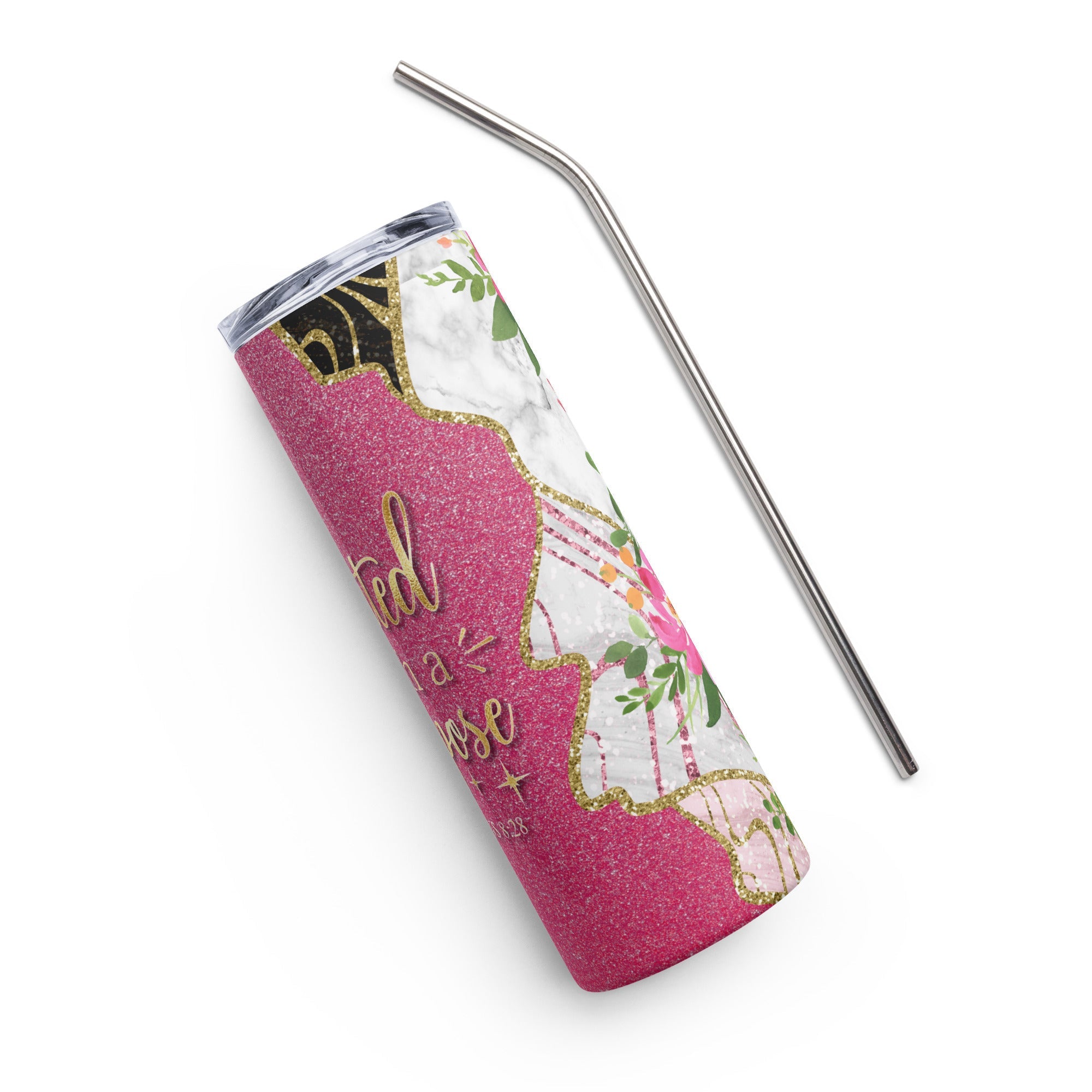 Created with a Purpose Pink Gold Glitter 20 oz - Stainless Steel Straw - Jesus Passion Apparel