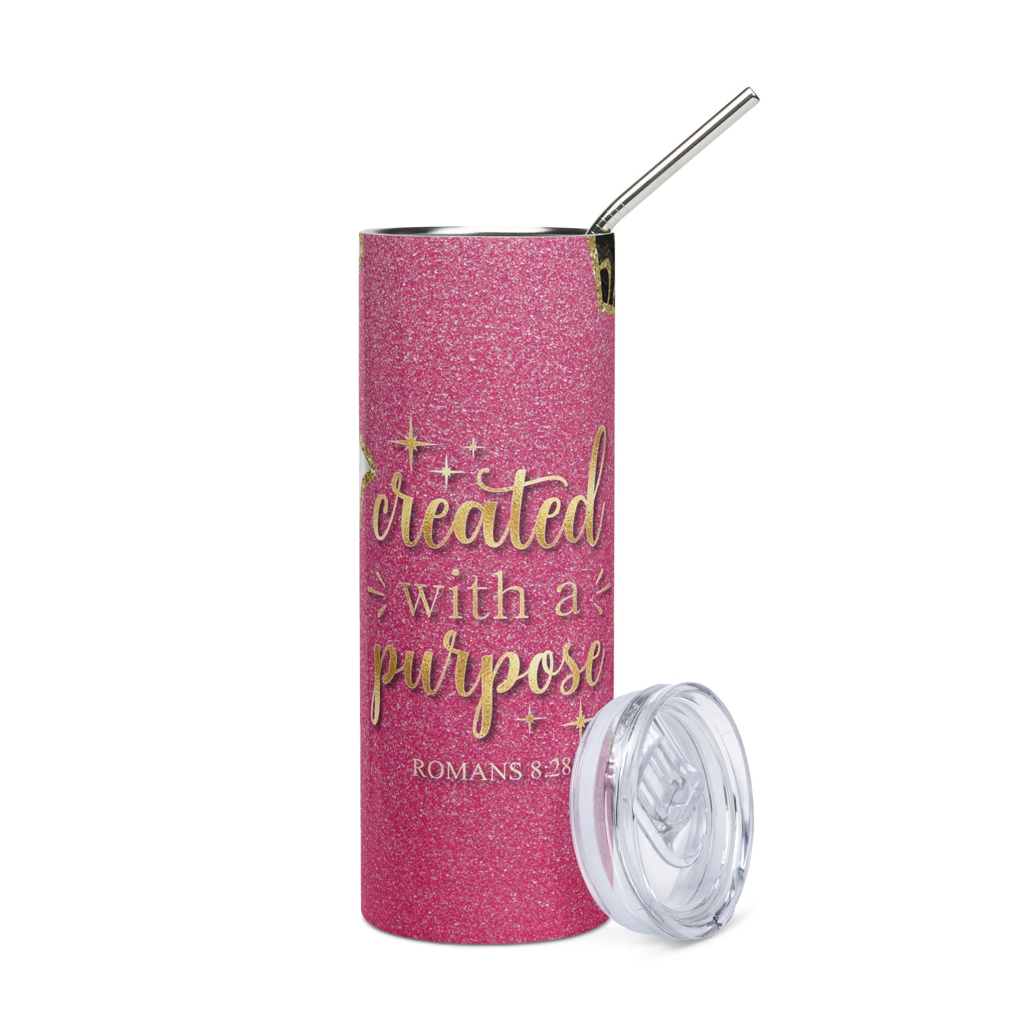 Created with a Purpose Pink Gold Glitter 20 oz - Stainless Steel Straw - Jesus Passion Apparel