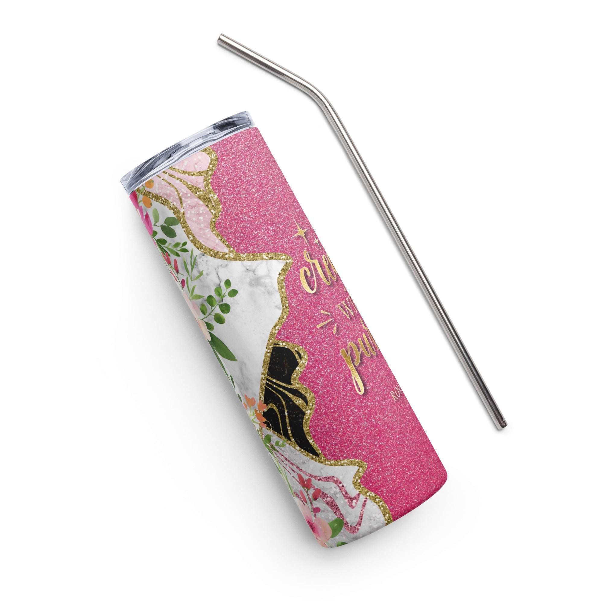 Created with a Purpose Pink Gold Glitter 20 oz - Stainless Steel Straw - Jesus Passion Apparel