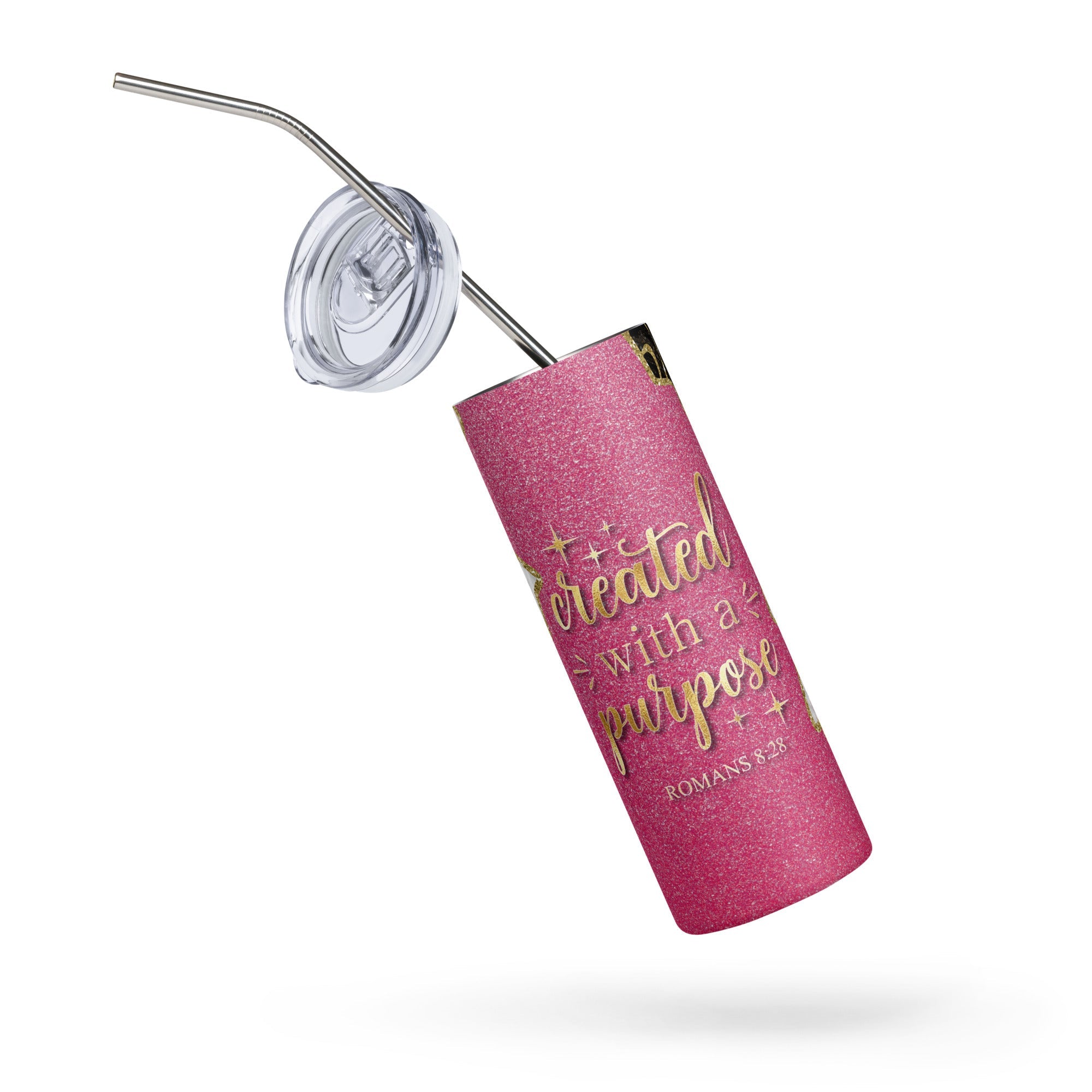 Created with a Purpose Pink Gold Glitter 20 oz - Stainless Steel Straw - Jesus Passion Apparel