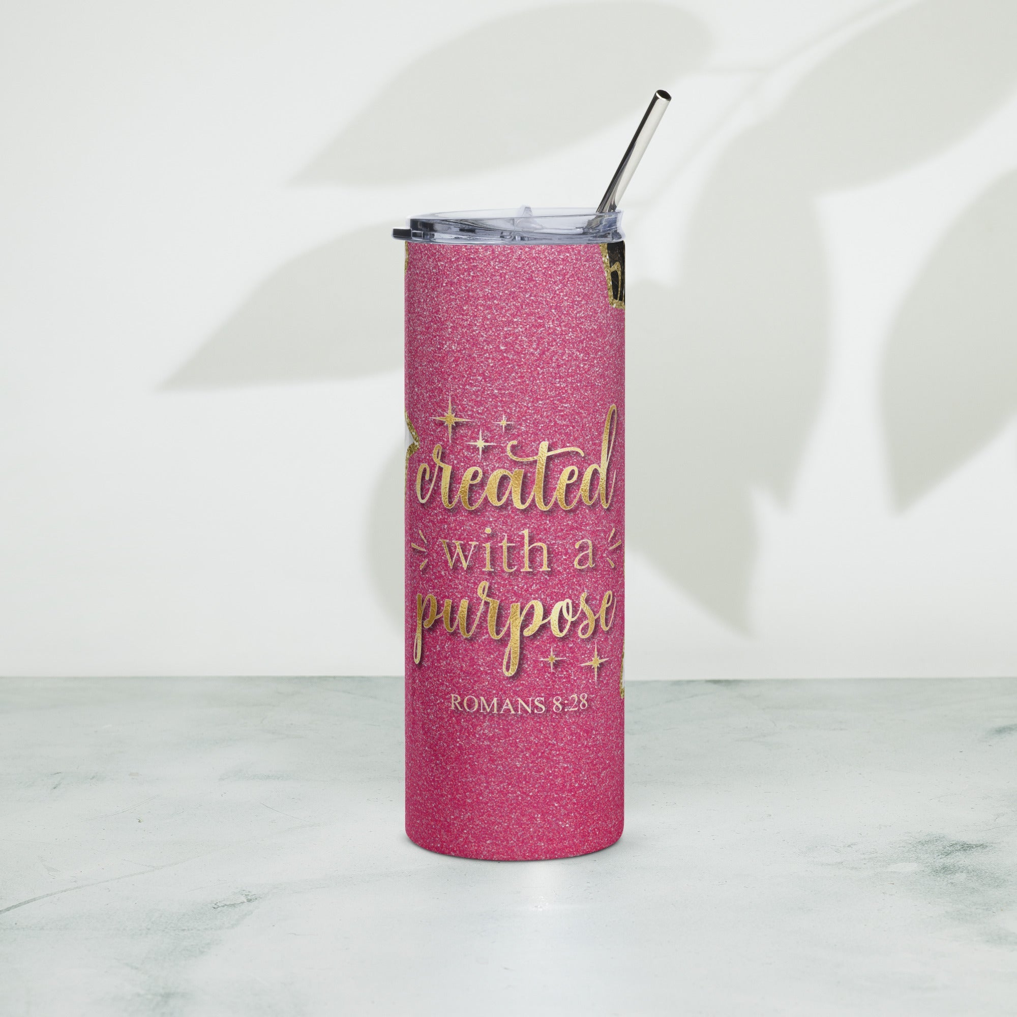 Created with a Purpose Pink Gold Glitter 20 oz - Stainless Steel Straw - Jesus Passion Apparel