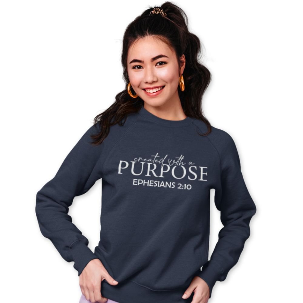 Created with a Purpose Women's Fleece Unisex - Fit Sweatshirt Dark Heather Navy / Grey - Jesus Passion Apparel