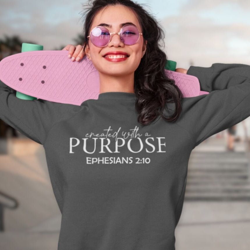 Created with a Purpose Women's Fleece Unisex - Fit Sweatshirt Dark Heather Navy / Grey - Jesus Passion Apparel