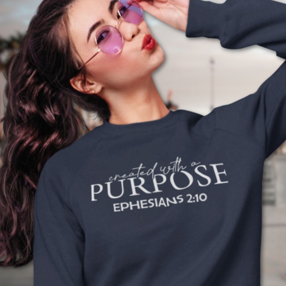 Created with a Purpose Women's Fleece Unisex - Fit Sweatshirt Dark Heather Navy / Grey - Jesus Passion Apparel