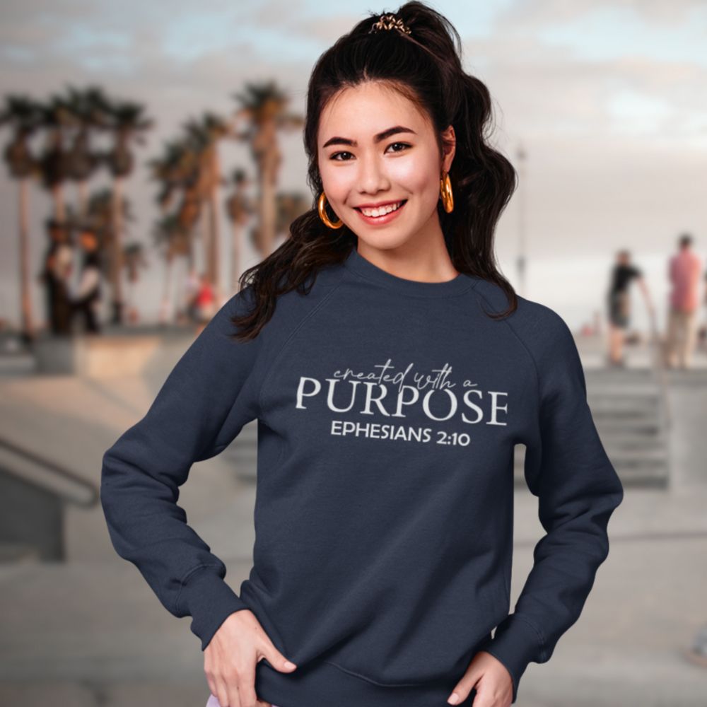 Created with a Purpose Women's Fleece Unisex - Fit Sweatshirt Dark Heather Navy / Grey - Jesus Passion Apparel