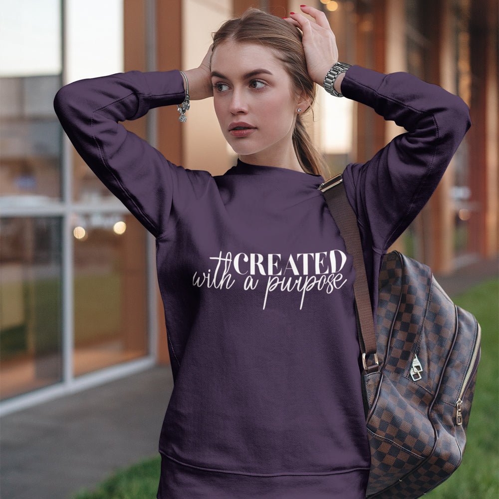 Created with a Purpose Women's Fleece Unisex - Fit Sweatshirt Purple / Black - Jesus Passion Apparel