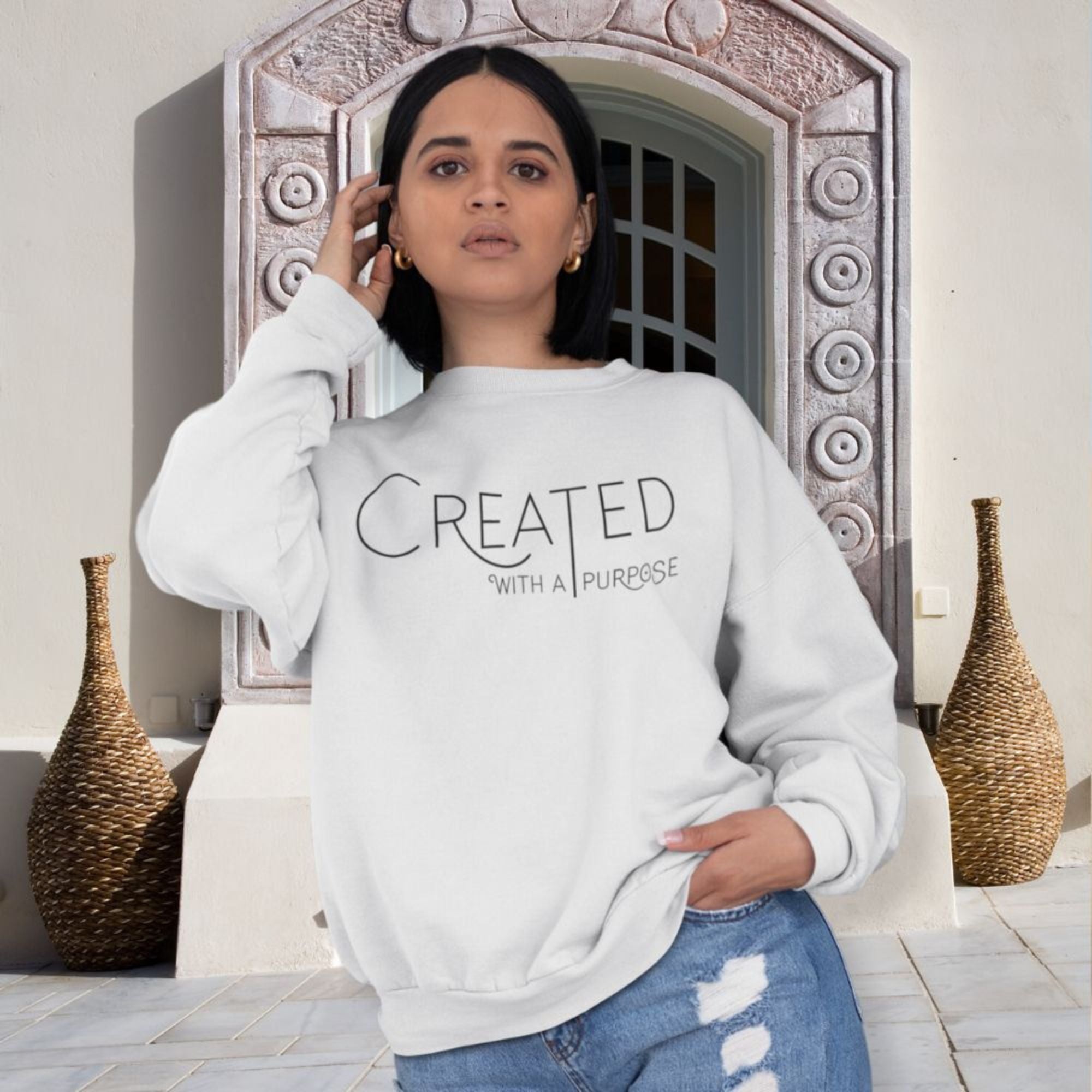 Created With a Purpose Women's Fleece Unisex - Fit Sweatshirt White / Sport Grey - Jesus Passion Apparel