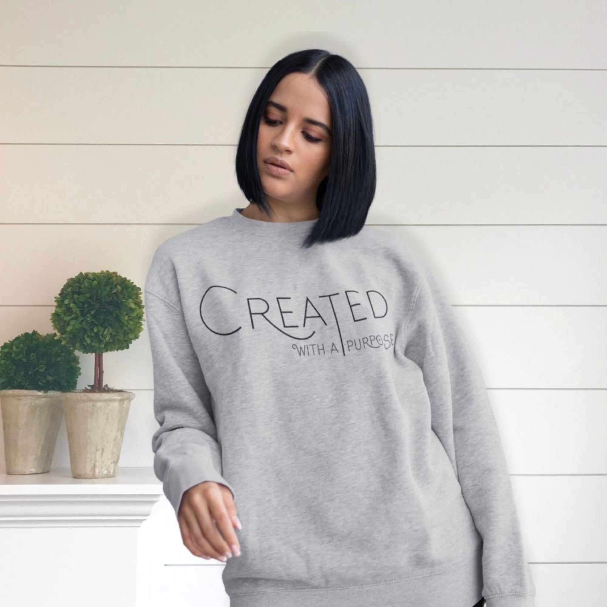 Created With a Purpose Women's Fleece Unisex - Fit Sweatshirt White / Sport Grey - Jesus Passion Apparel