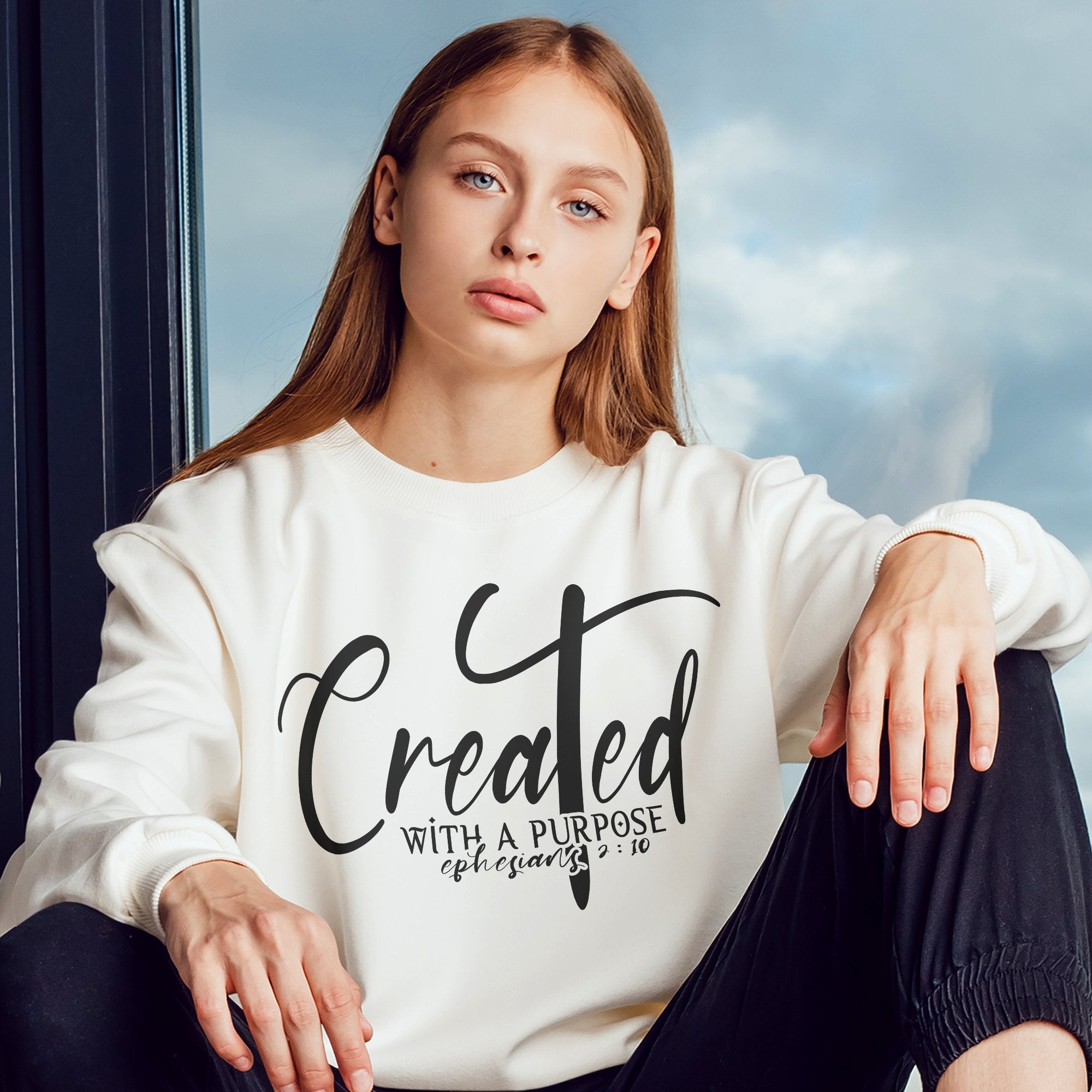 Created with a Purpose Women's Fleece Unisex - Fit Sweatshirt White / Sport Grey / Sand - Jesus Passion Apparel