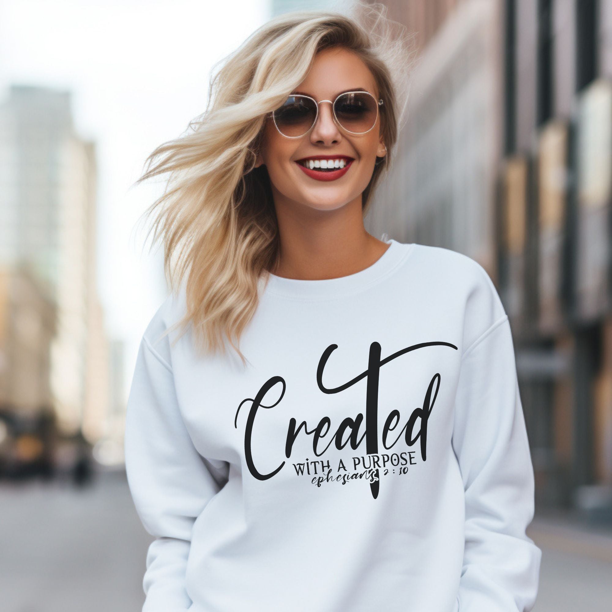 Created with a Purpose Women's Fleece Unisex - Fit Sweatshirt White / Sport Grey / Sand - Jesus Passion Apparel