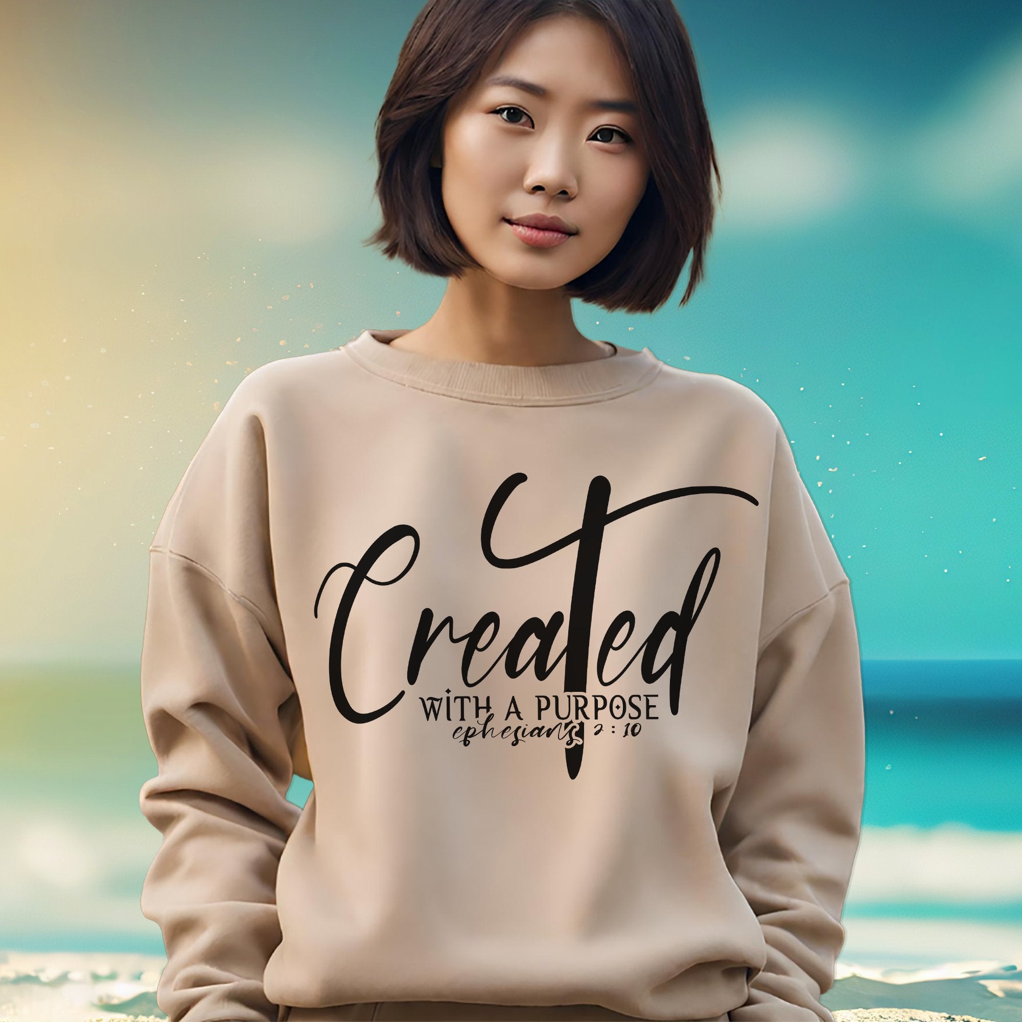 Created with a Purpose Women's Fleece Unisex - Fit Sweatshirt White / Sport Grey / Sand - Jesus Passion Apparel