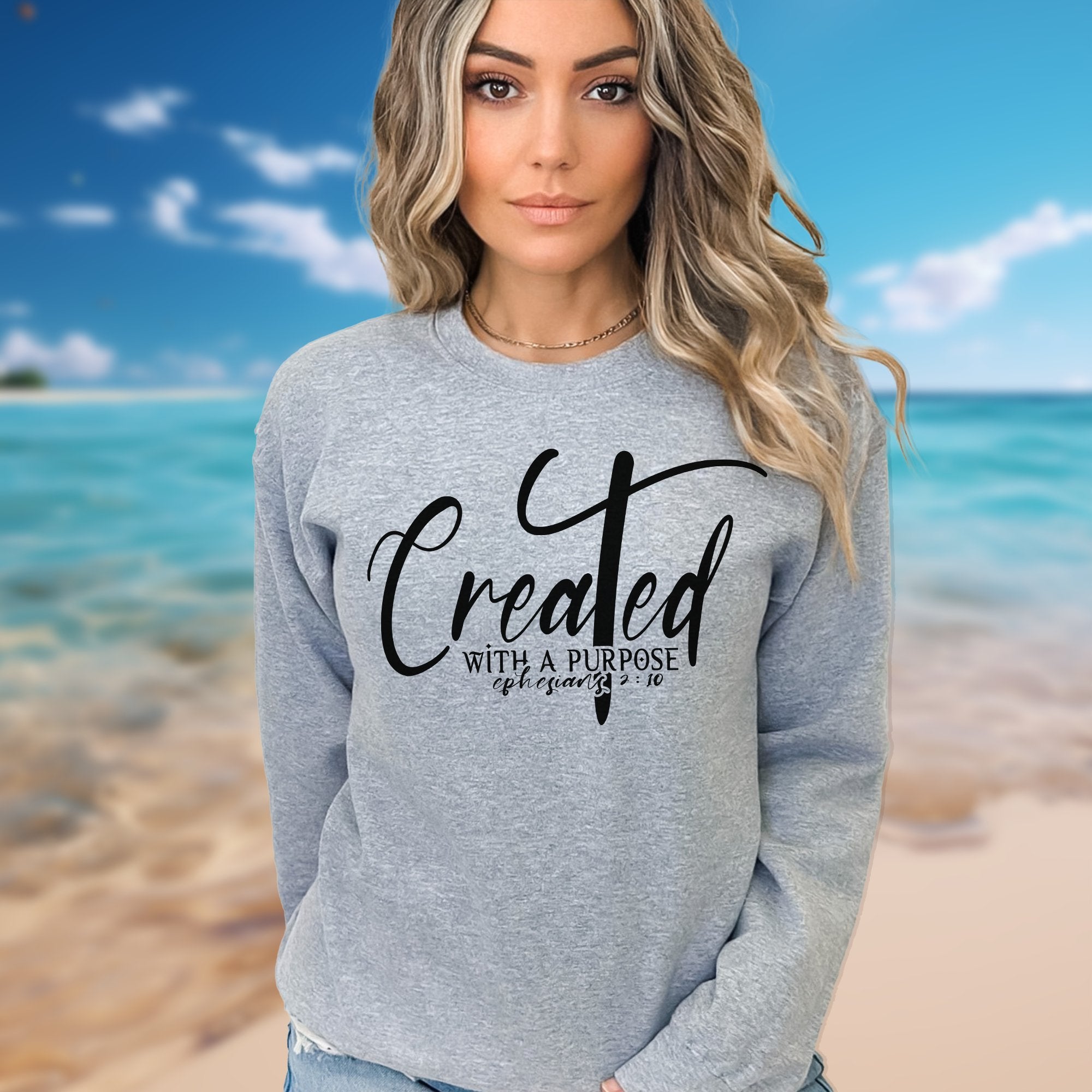 Created with a Purpose Women's Fleece Unisex - Fit Sweatshirt White / Sport Grey / Sand - Jesus Passion Apparel