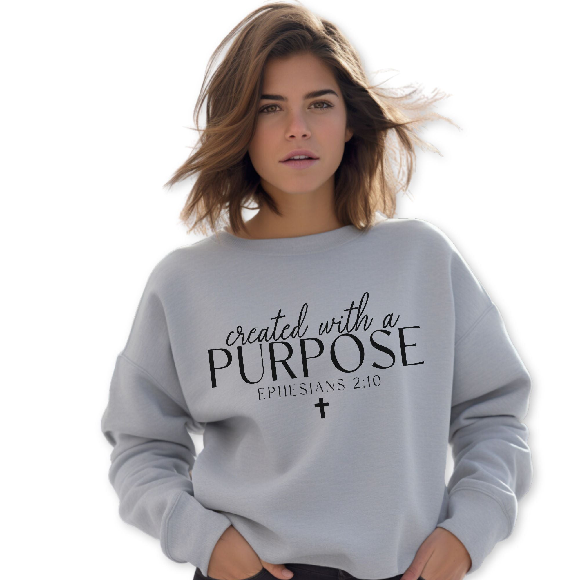 Created with a Purpose Women's Fleece Unisex-Fit Sweatshirt White / Sport Grey Sizes: S Colors: Sport Grey Jesus Passion Apparel