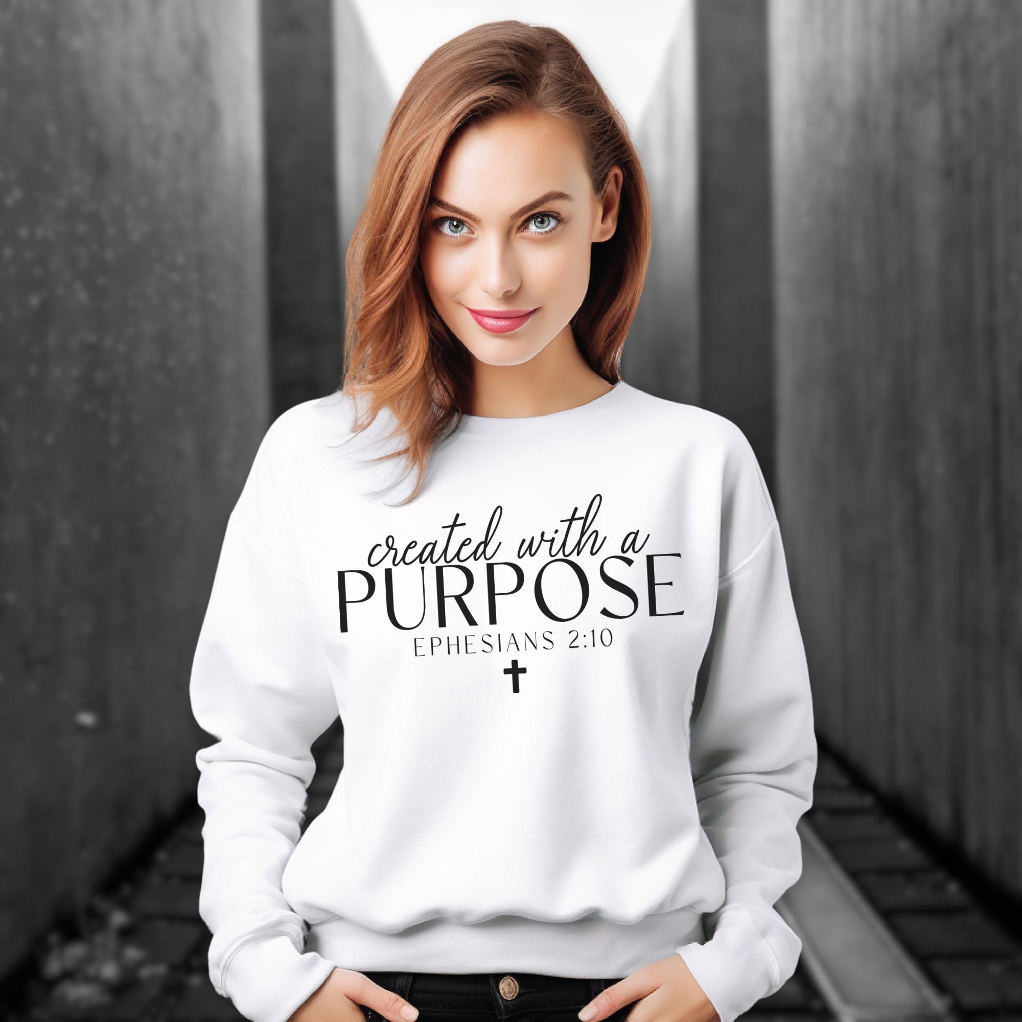Created with a Purpose Women's Fleece Unisex-Fit Sweatshirt White / Sport Grey Sizes: S Colors: Sport Grey Jesus Passion Apparel