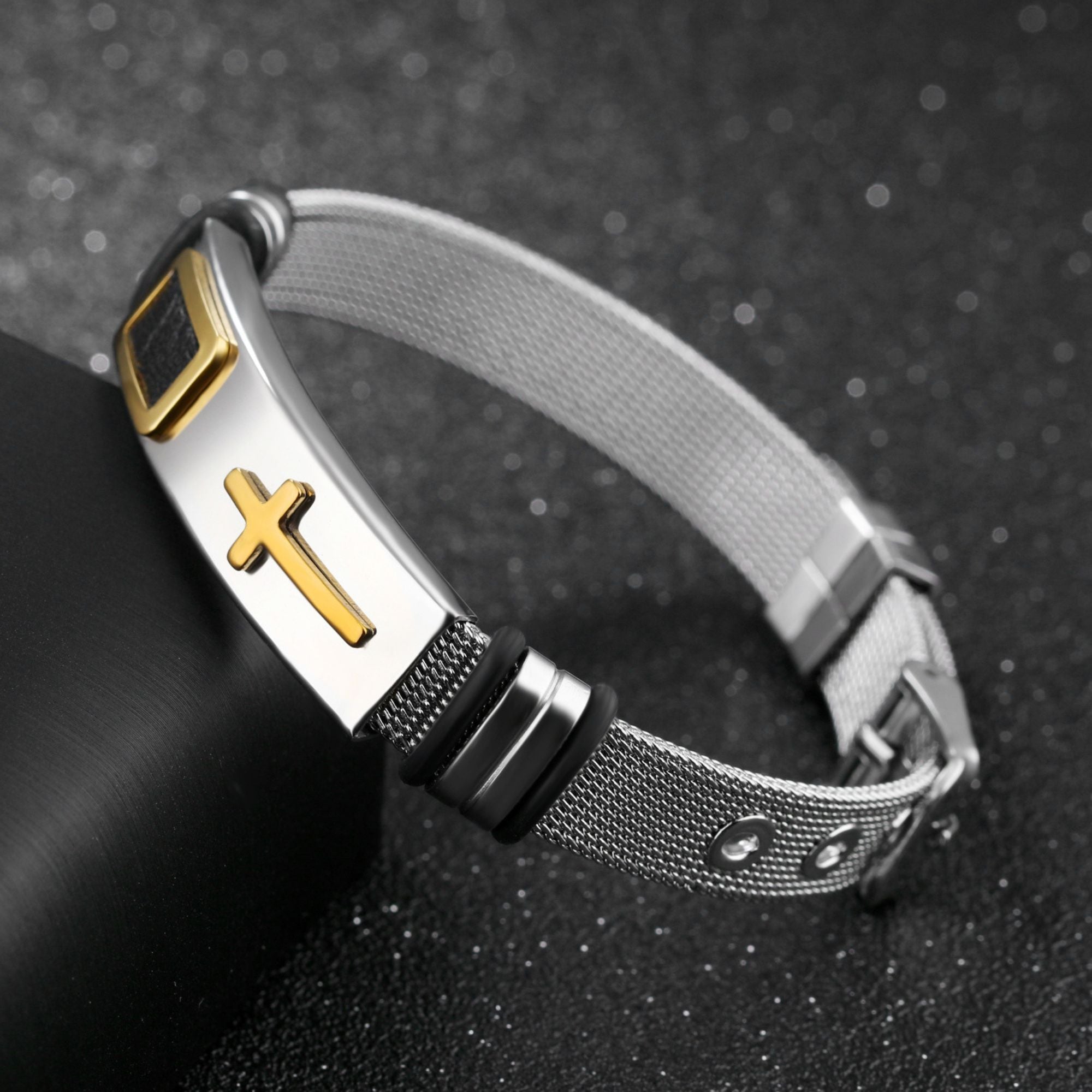 Cross Bracelet Men's Steel Mesh Gold Titanium - 2 Color Options or Set - Jesus Passion Apparel