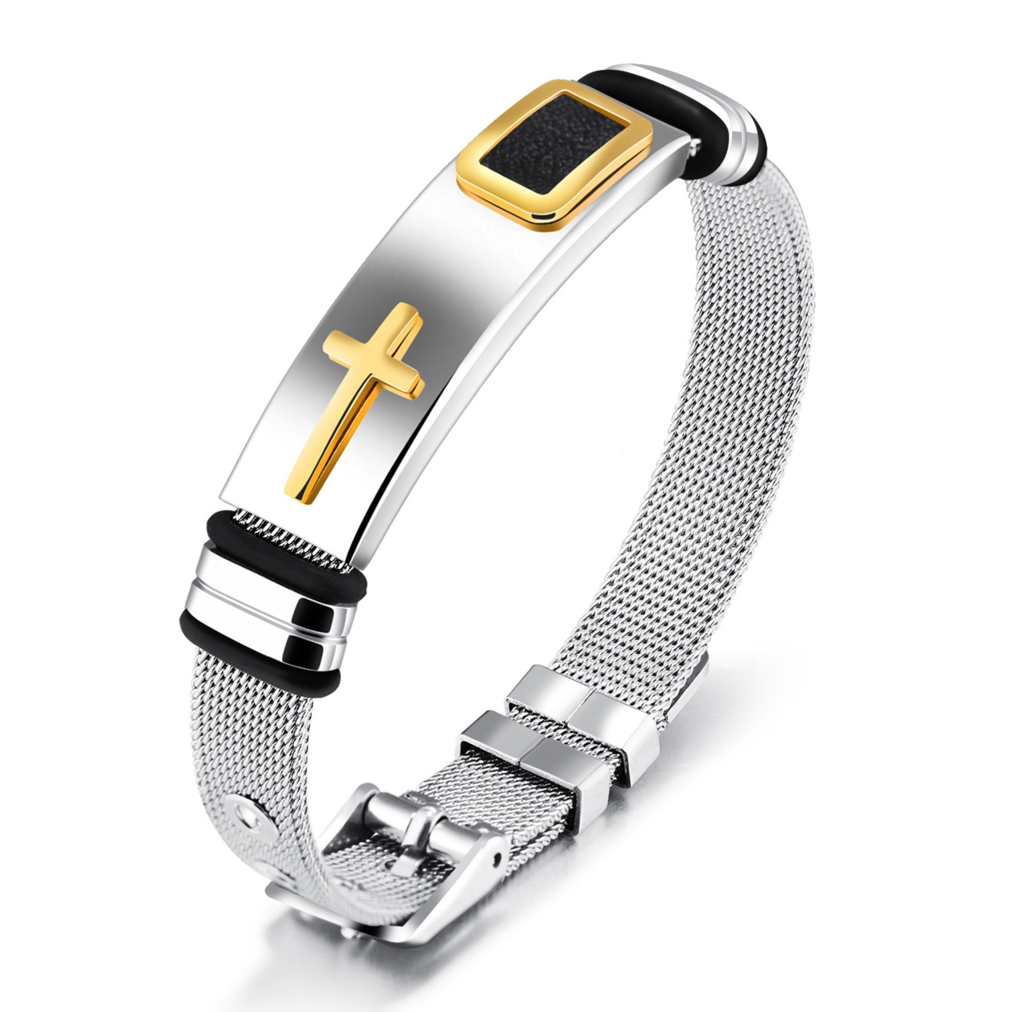 Cross Bracelet Men's Steel Mesh Gold Titanium - 2 Color Options or Set - Jesus Passion Apparel