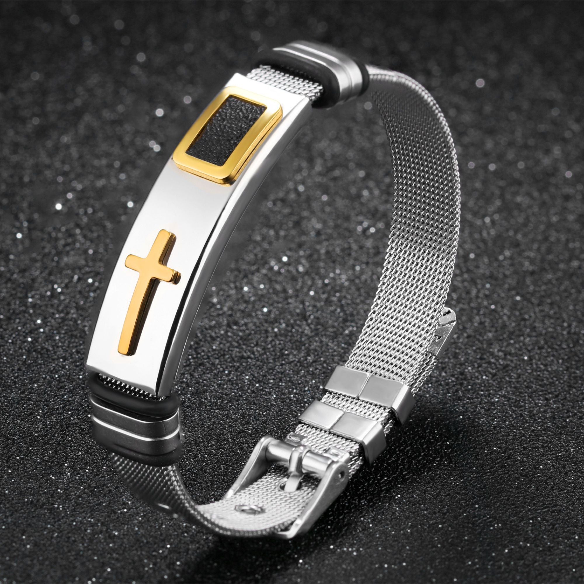 Cross Bracelet Men's Steel Mesh Gold Titanium - 2 Color Options or Set - Jesus Passion Apparel