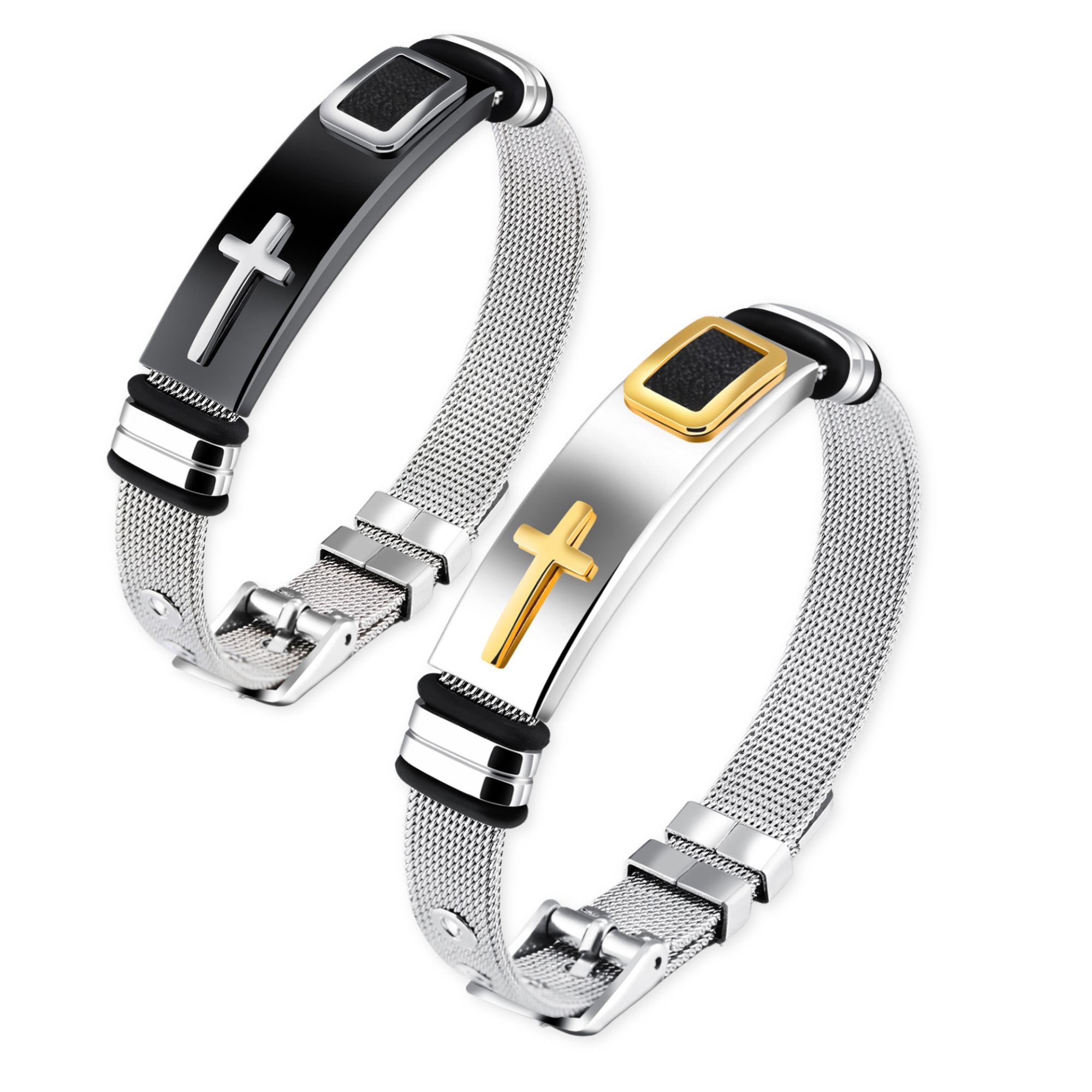 Cross Bracelet Men's Steel Mesh Gold Titanium - 2 Color Options or Set - Jesus Passion Apparel