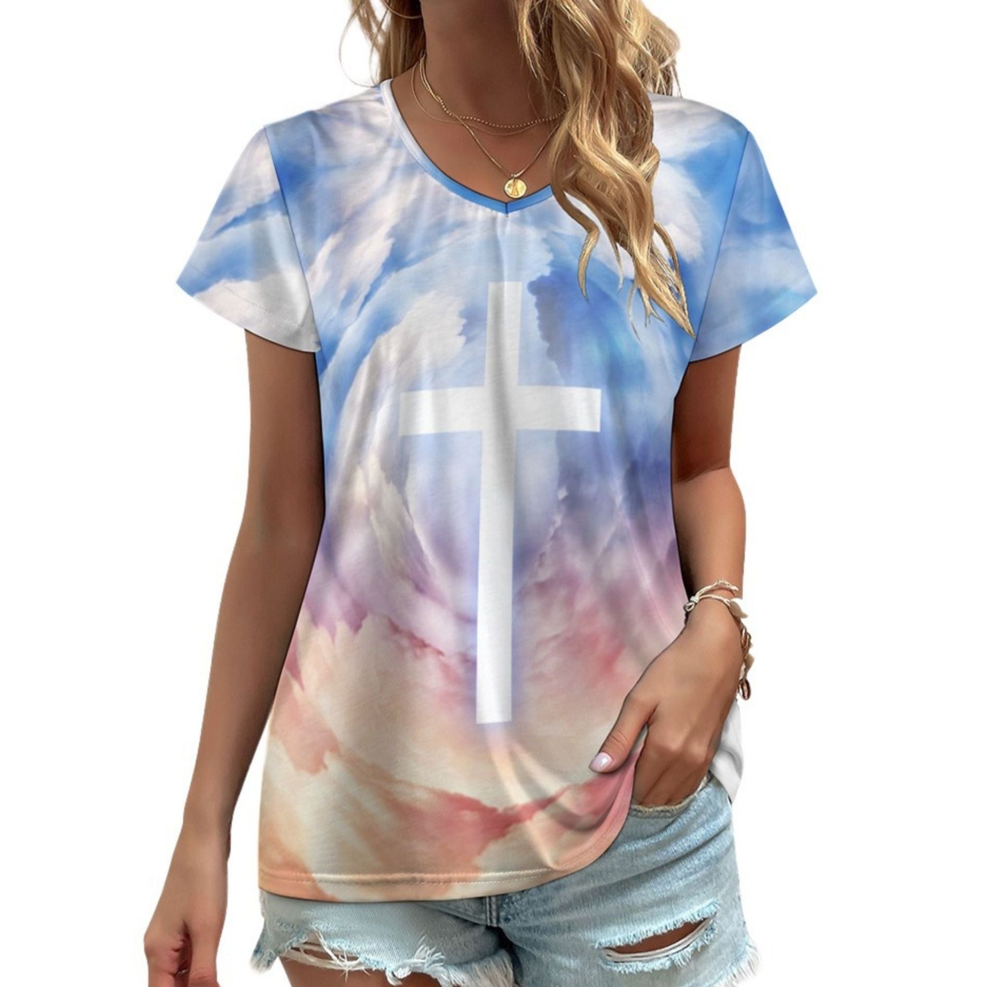 Cross in the Clouds Women's Loose Short Sleeve V - Neck Blouse - Blue - Jesus Passion Apparel