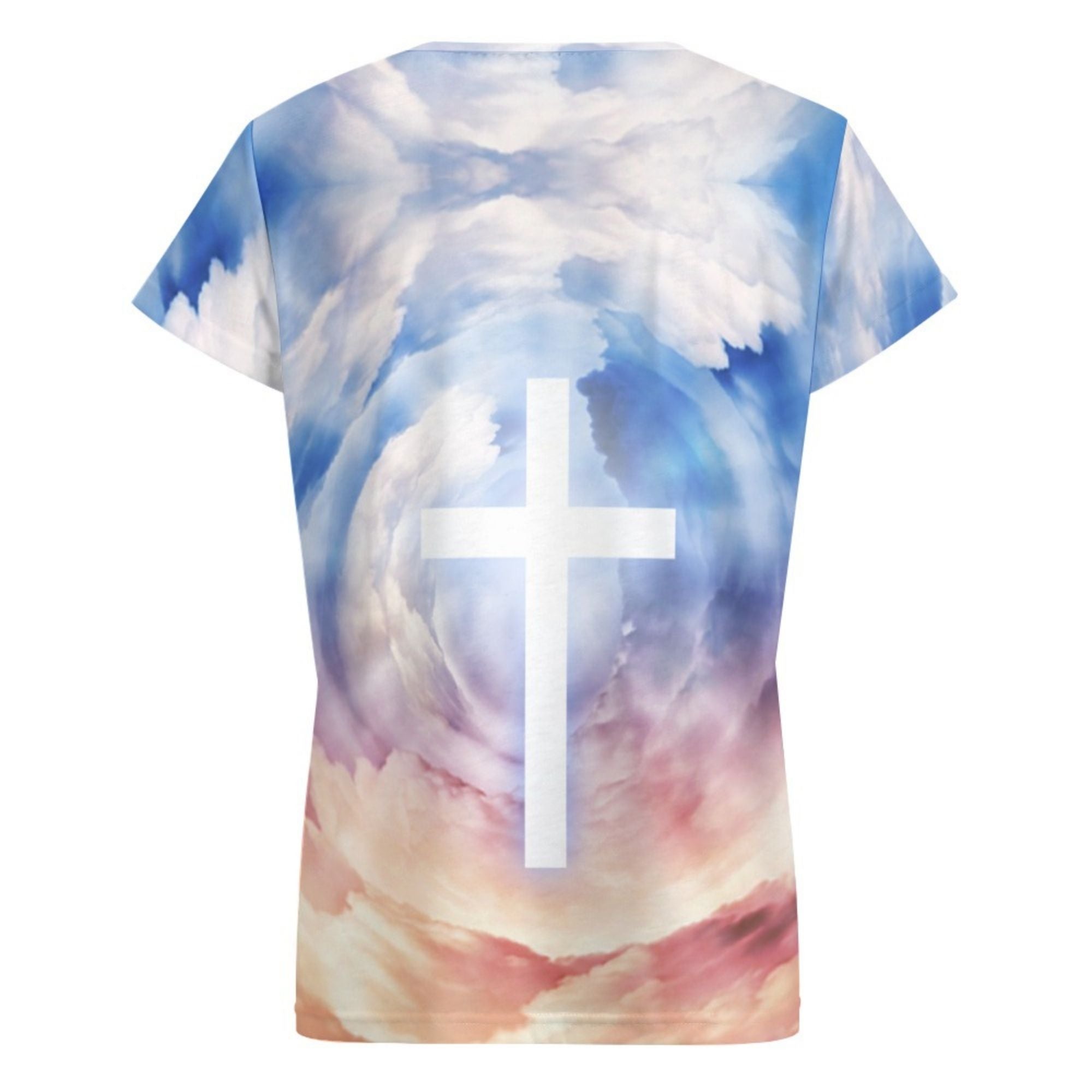 Cross in the Clouds Women's Loose Short Sleeve V - Neck Blouse - Blue - Jesus Passion Apparel