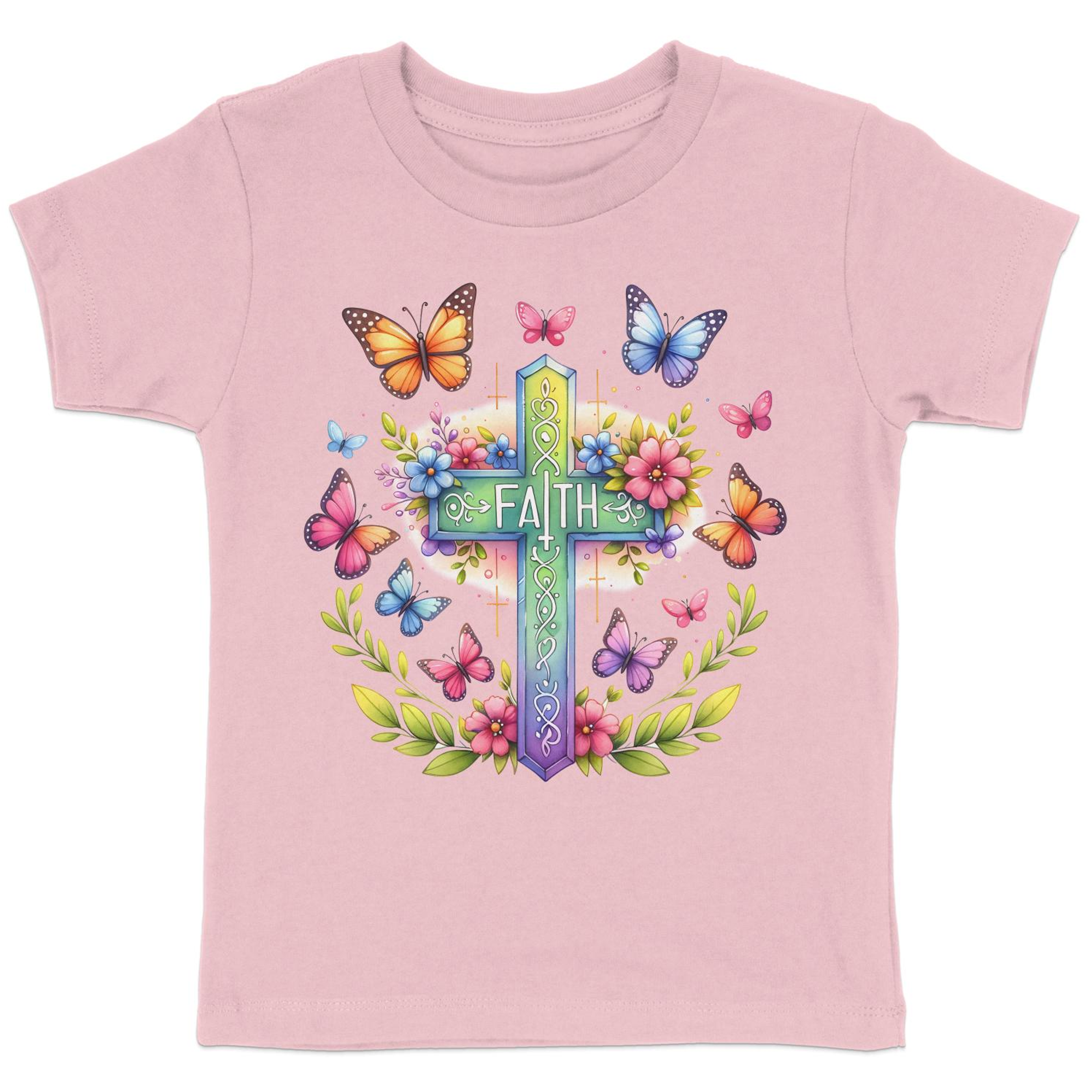 Faith Cross and Butterflies Toddler Short Sleeve Tee Size: 5/6T Color: Pink Jesus Passion Apparel