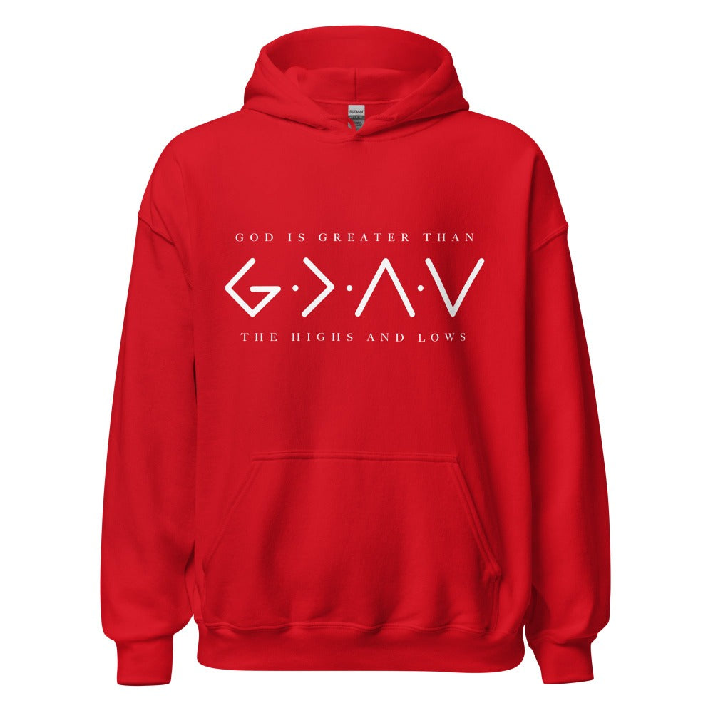 God is Greater Than Highs and Lows Men's Heavy Blend™ Hoodie Color: Red Size: S Jesus Passion Apparel
