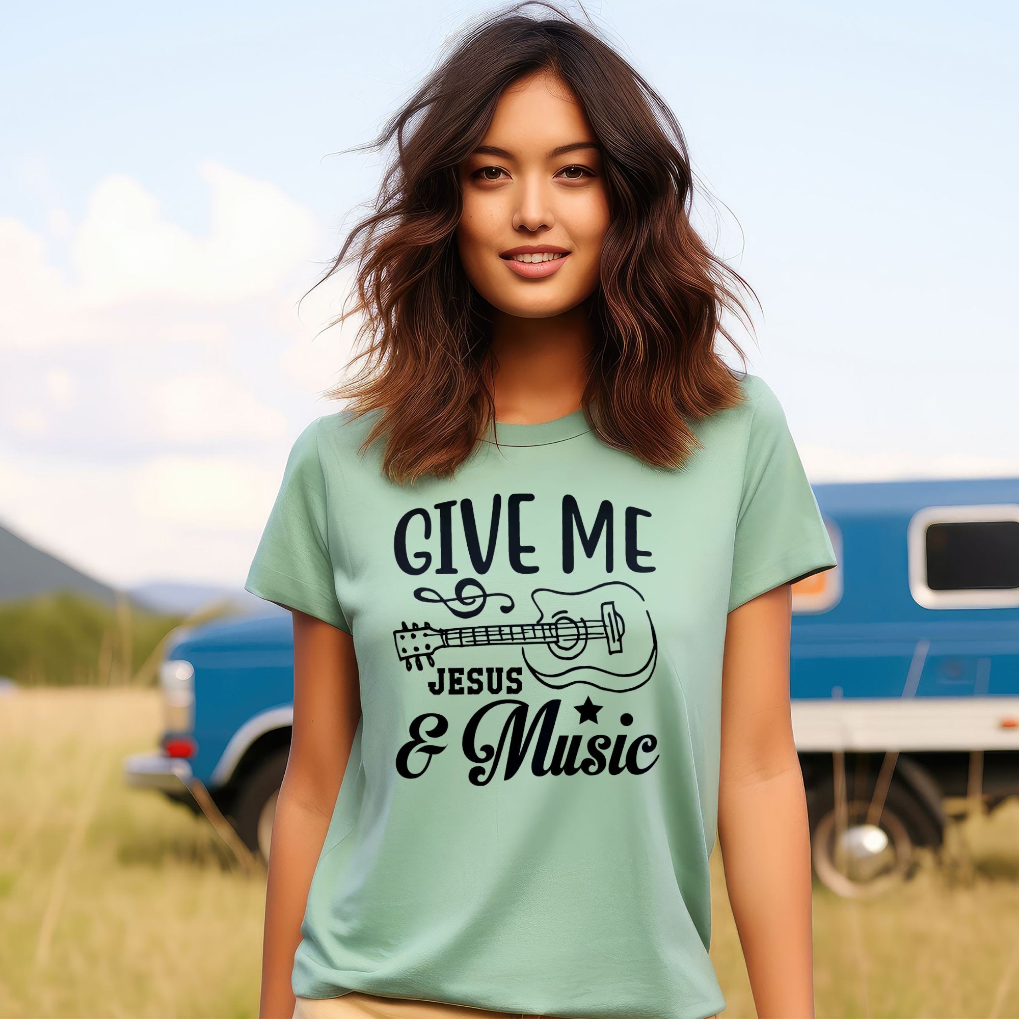 Give Me Jesus & Music Guitar Accent Women's Jersey Short Sleeve T-Shirt Size: XS Color: Mint Jesus Passion Apparel