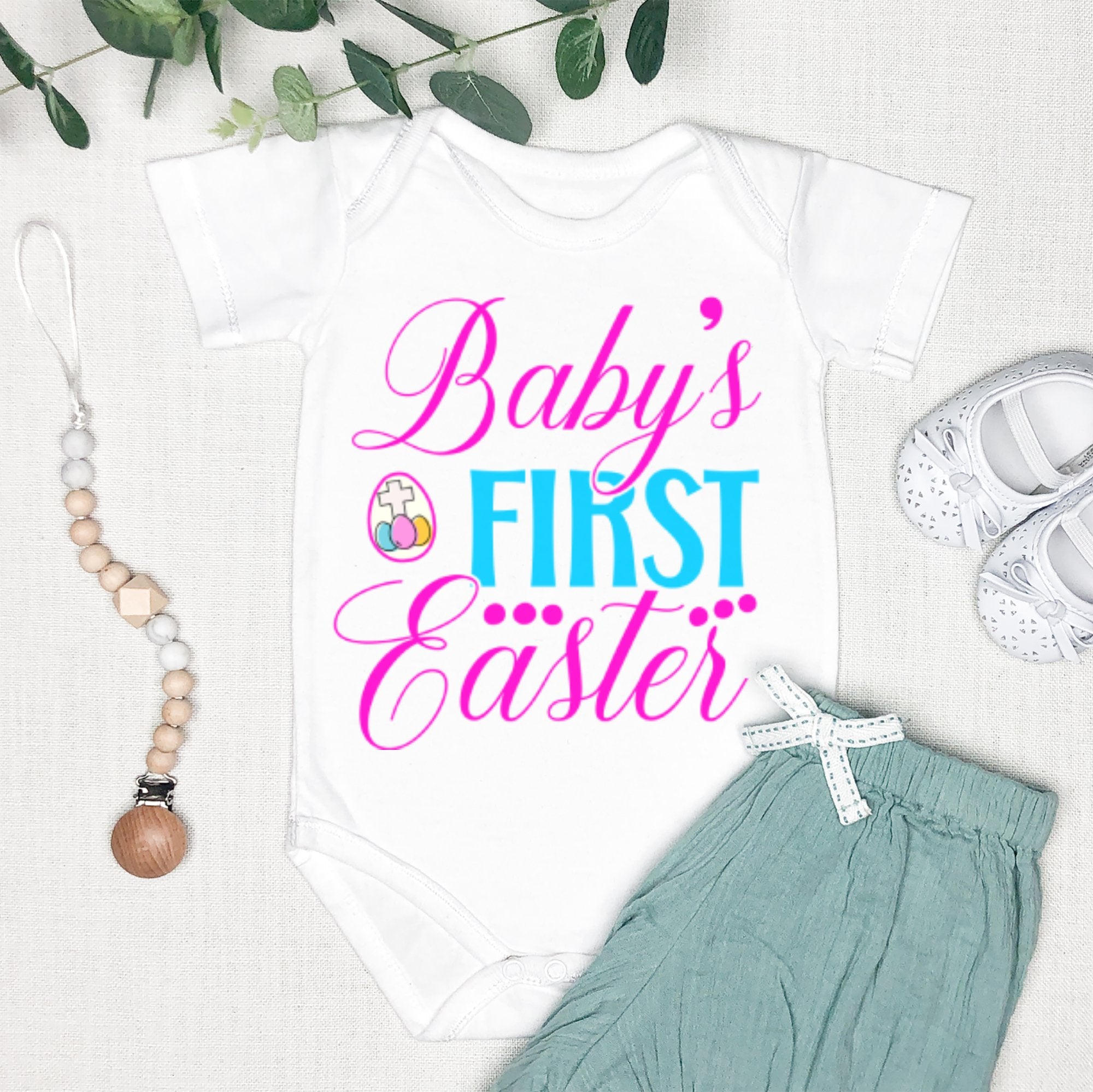 Baby's First Easter Cross Eggs Infant Fine Jersey Bodysuit Size: 6mo Color: White Jesus Passion Apparel