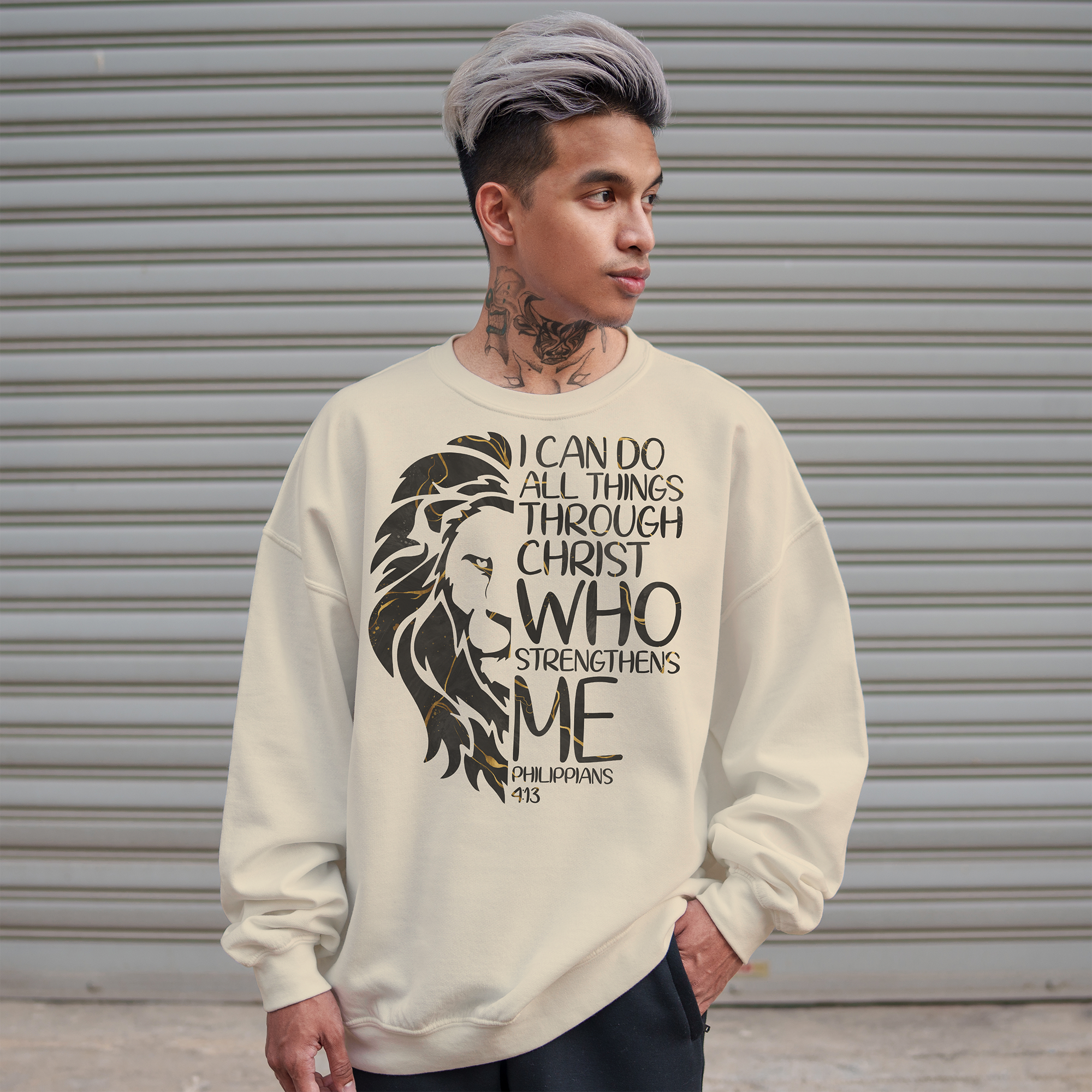 All Through Christ Men's Fleece Unisex-Fit Sweatshirt - Sand Size: S Color: Sand Jesus Passion Apparel