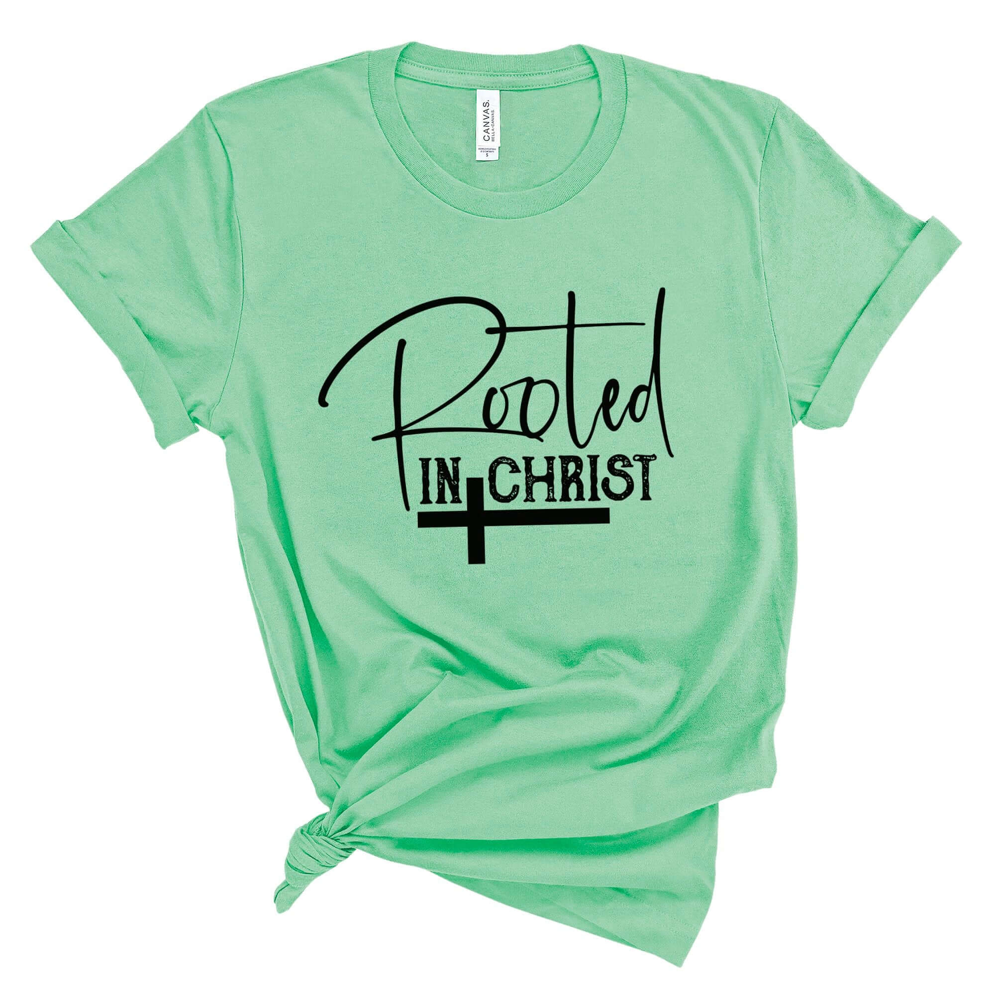 Rooted In Christ Women's Short Sleeve Tee Size: XS Color: Athletic Heather Jesus Passion Apparel