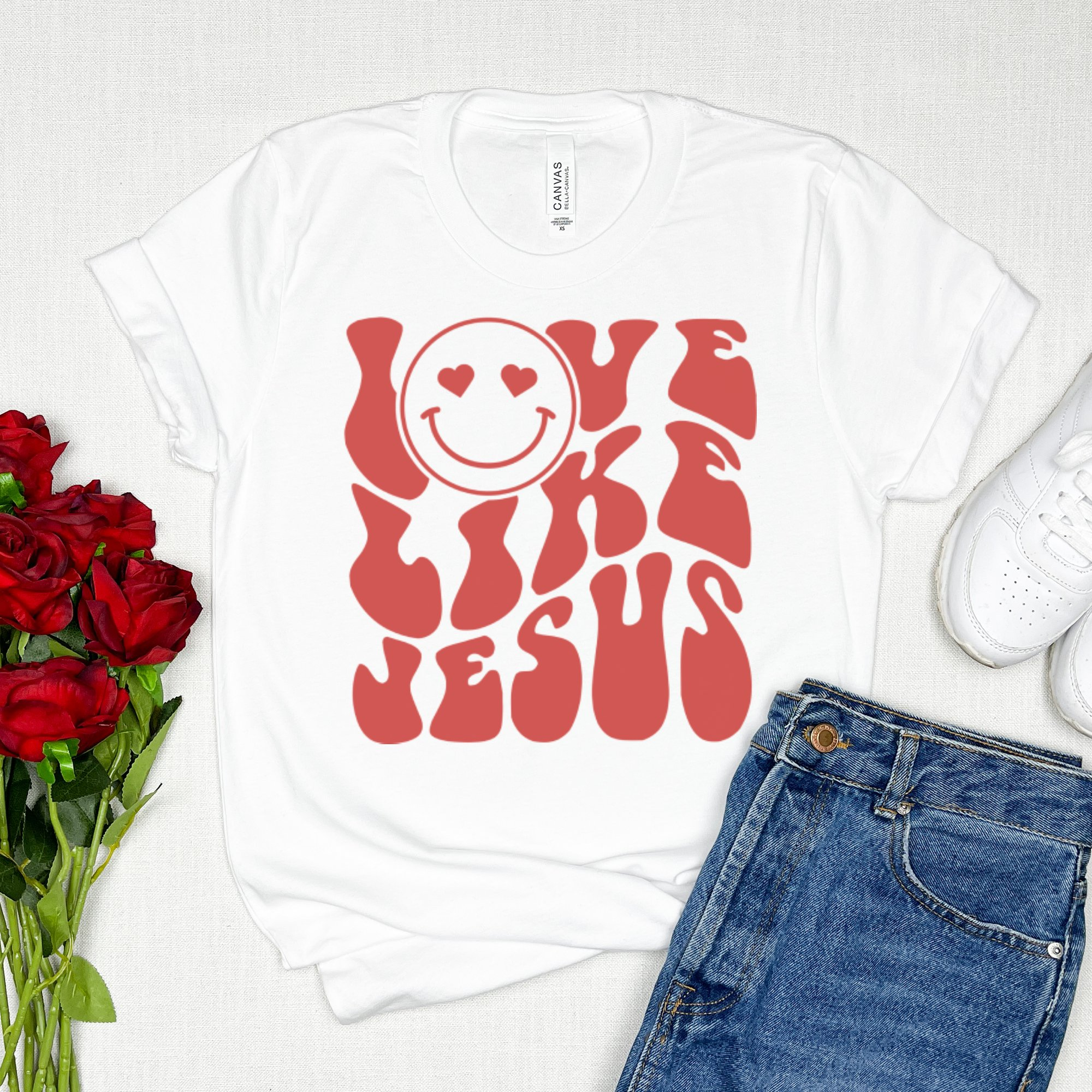 Love Like Jesus Smiley Unisex Jersey Short Sleeve Tee - White Size: XS Color: White Jesus Passion Apparel